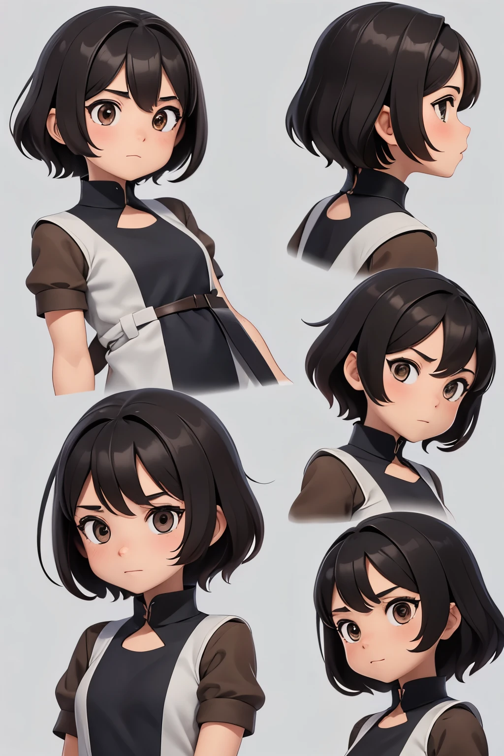 Consistent variation of character design: front, front, front, side, and back views of a 5-year-old girl with short dark brown hair.
