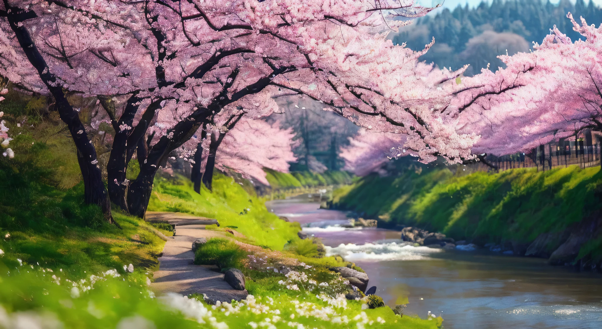 a close up of a river with trees and flowers in the background, cherry blossom forest, cherry blossom trees, nature scenery, beatiful backgrounds, hd wallpaper, beautiful nature, really beautiful nature, sakura trees, nature wallpaper, beautiful wallpaper, cherry blosom trees, very beautiful scenery, very beautiful photo, natural landscape beauty, cherry trees, lush sakura trees