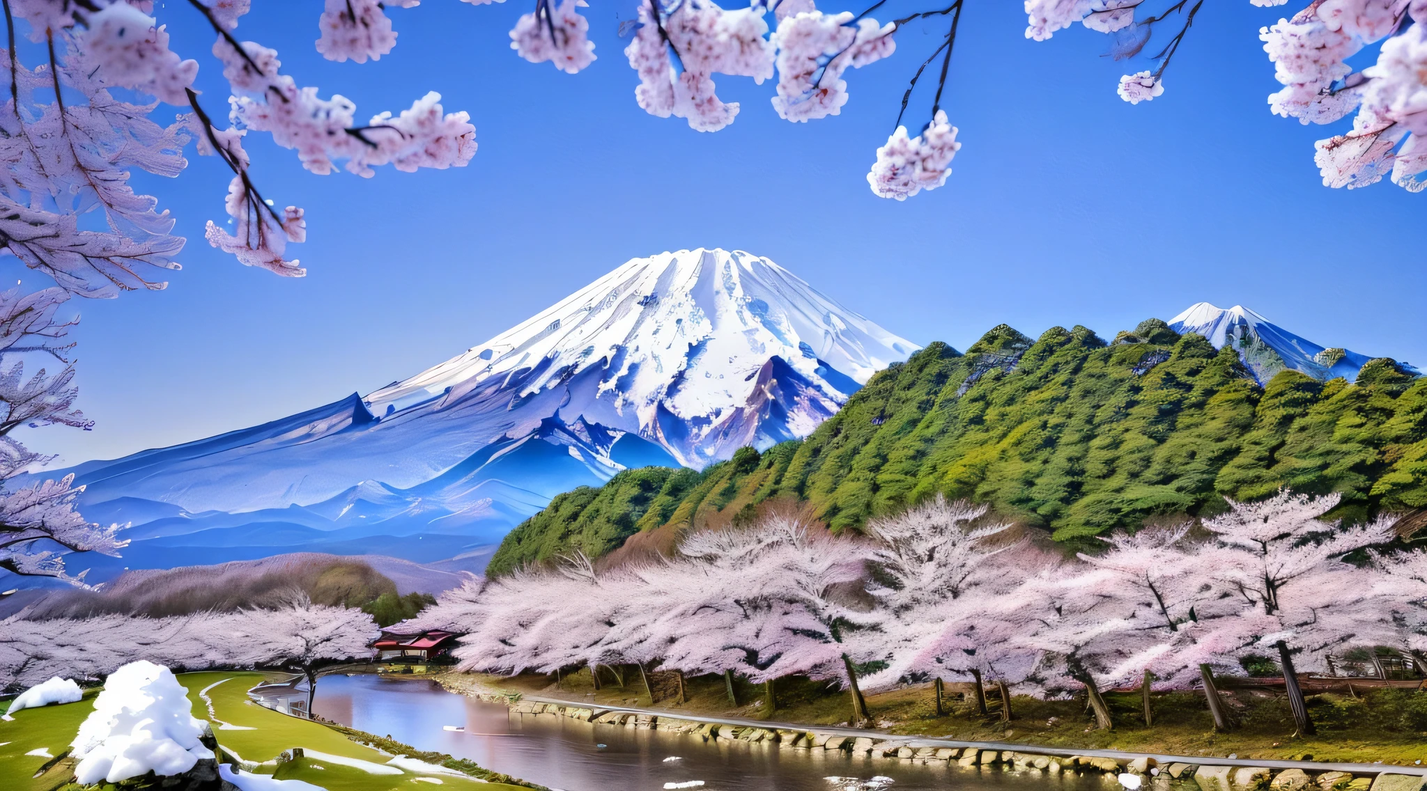 a view of a mountain with a snow capped peak in the background, japan nature, japan deeper travel exploration, mount fuji, japan travel and tourism, mount fuji in the background, japan mountains, japan travel and adventure, japanese landscape, japan sightseeing, sakura season, sakura trees, mount fuji on the background, mount fuji background, mt. fuji, fuji choko