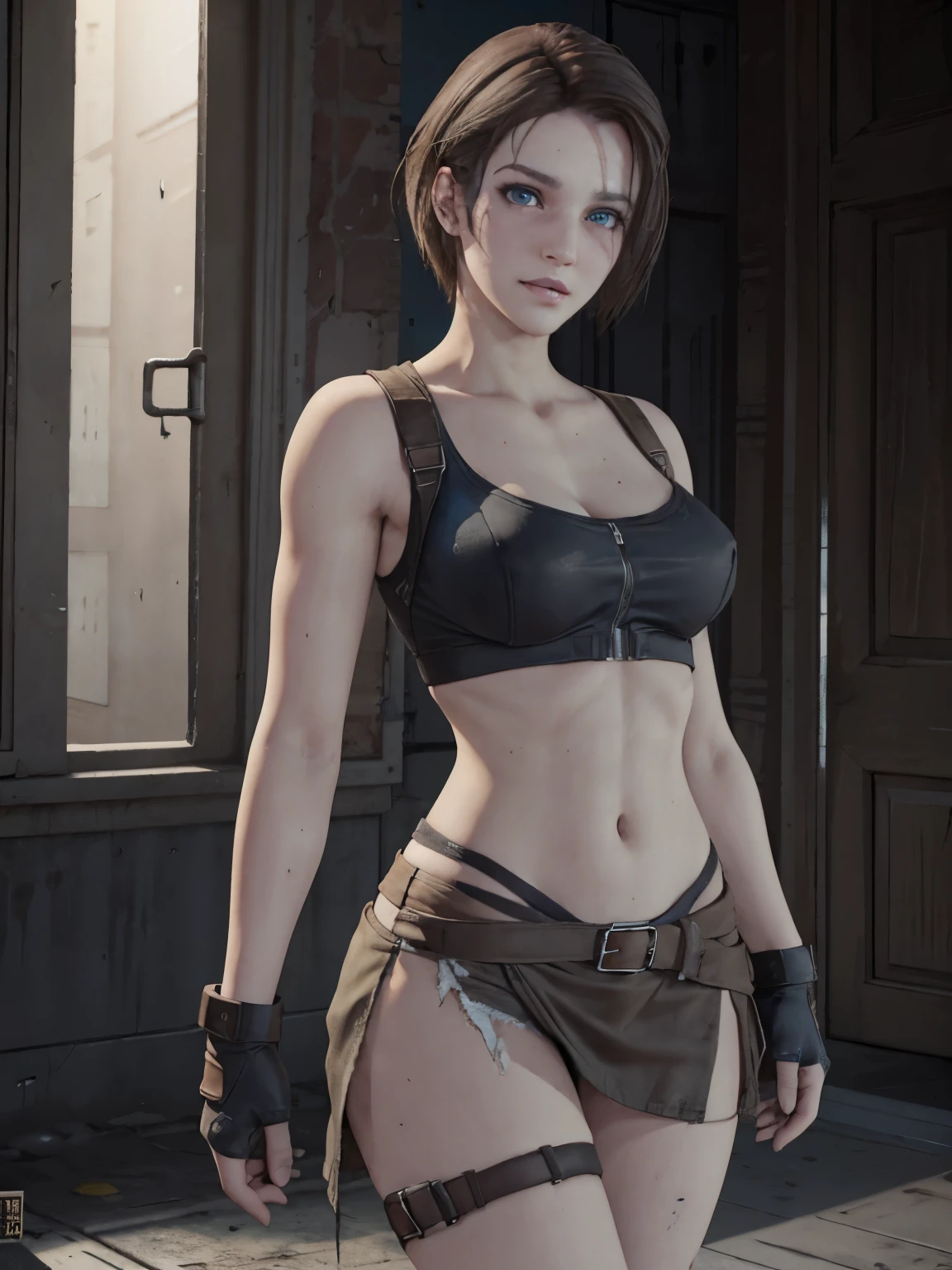 jill valentine,resident evil 3,3d,pose,areolae,blue eyes,boots,breasts,breasts outside,brown hair,busty,female,female focus,hourglass figure,medium breasts,nipples,nudity,panties,pinup,posing,ripped clothing,seductive,seductive look,seductive smile,short hair,skirt,smile,smiling,thigh holster,torn clothes,torn clothing,tubetop,upskirt,wide hips