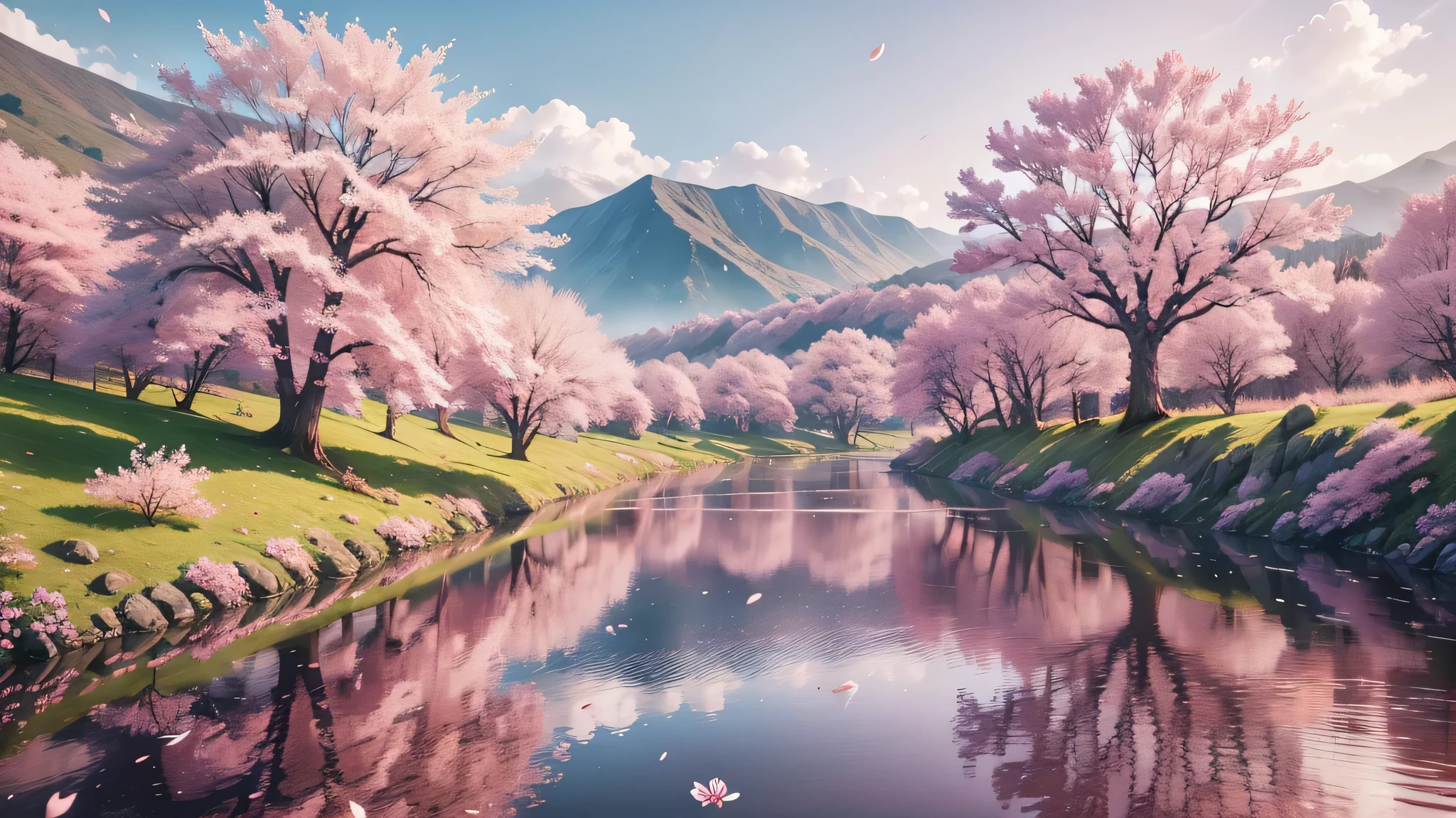 arafed view of a river with pink flowers and trees, cherry blossom forest, pink landscape, cherry blossom trees, scenic colorful environment, pink trees, lush sakura trees, sakura trees, epic beautiful landscape, nature in all its beauty, magical landscape, cherry trees, peaceful landscape, soft light 4 k in pink, pink reflections, dreamy landscape, pink waterfalls