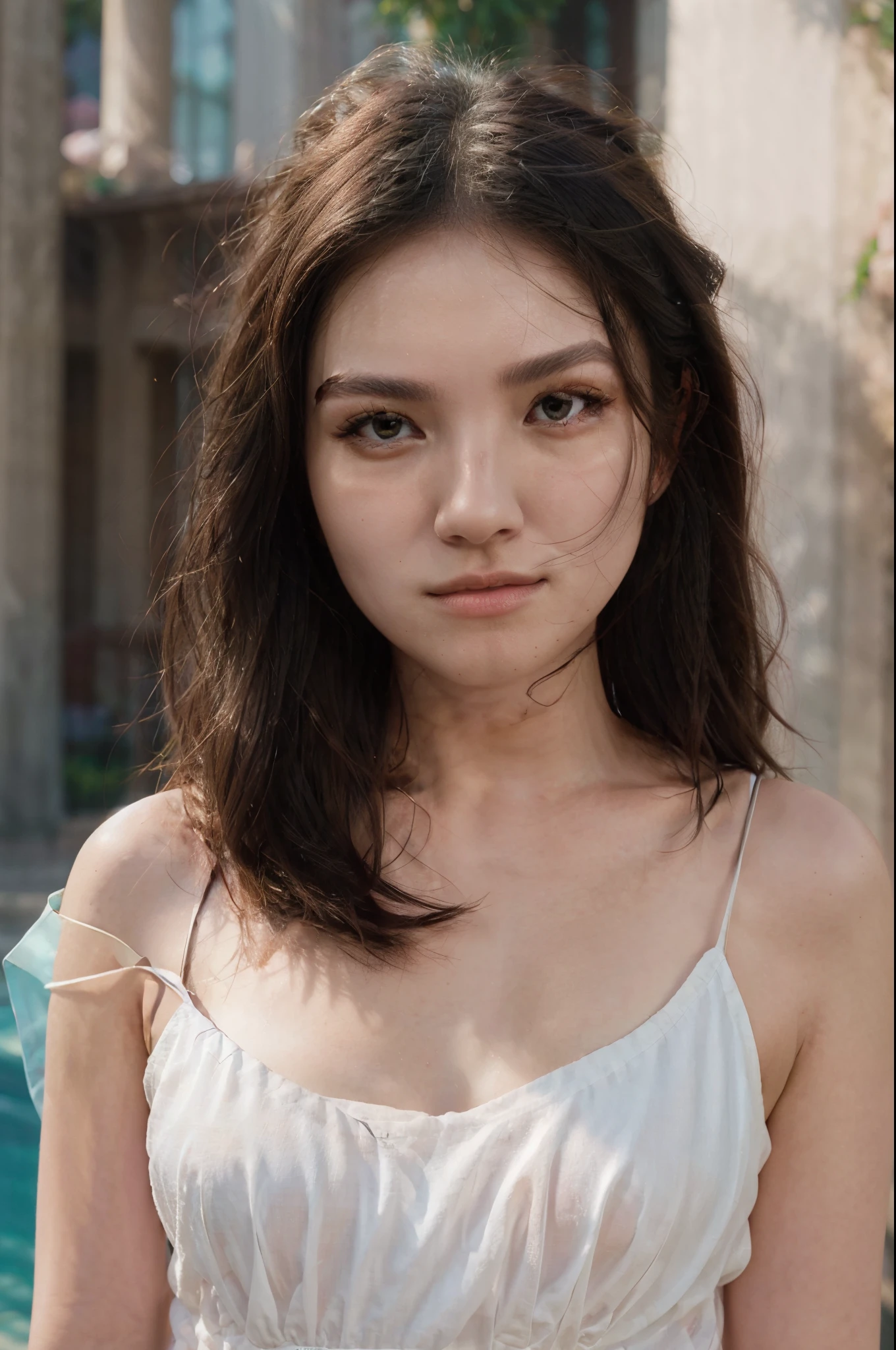 best quality,ultra-detailed,realistic:1.37,portraits,beautiful detailed eyes,beautiful detailed lips,extremely detailed eyes and face,longeyelashes,oil painting,[Maria Zhang],feminine,graceful pose,soft lighting,vibrant colors,flowing dress,serene background