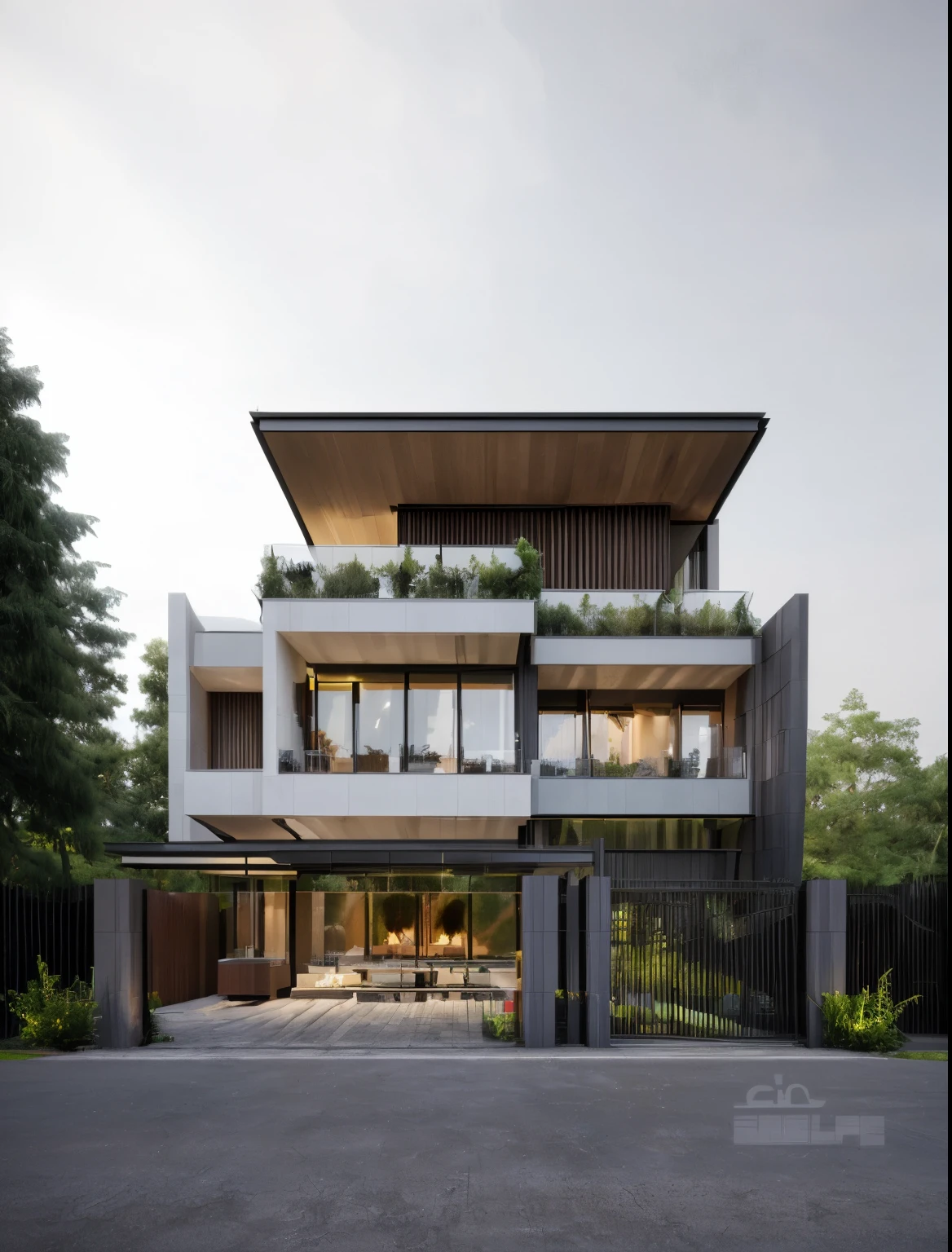 MODERN HOUSE, 3DMAX RENDER CORONA, GREEN TREES AROUND, WARM COLORS