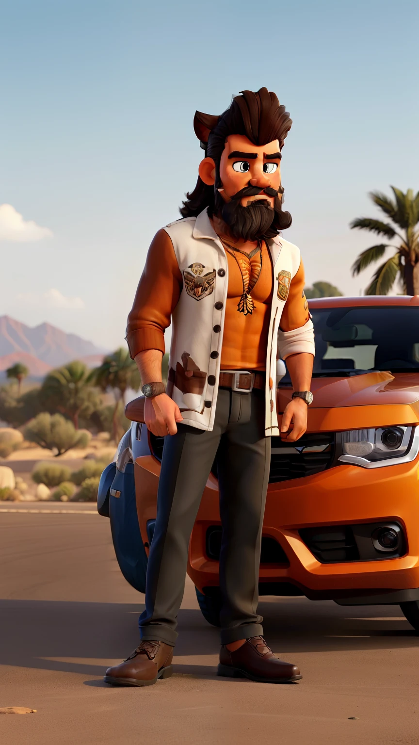 (Detailed description) (Mejor calidad) hombre mexicano, Narco mexicano, gran barba, animal tigre blanco, cabello corto, animal tigre involucrado, en un Chevrolet camaro