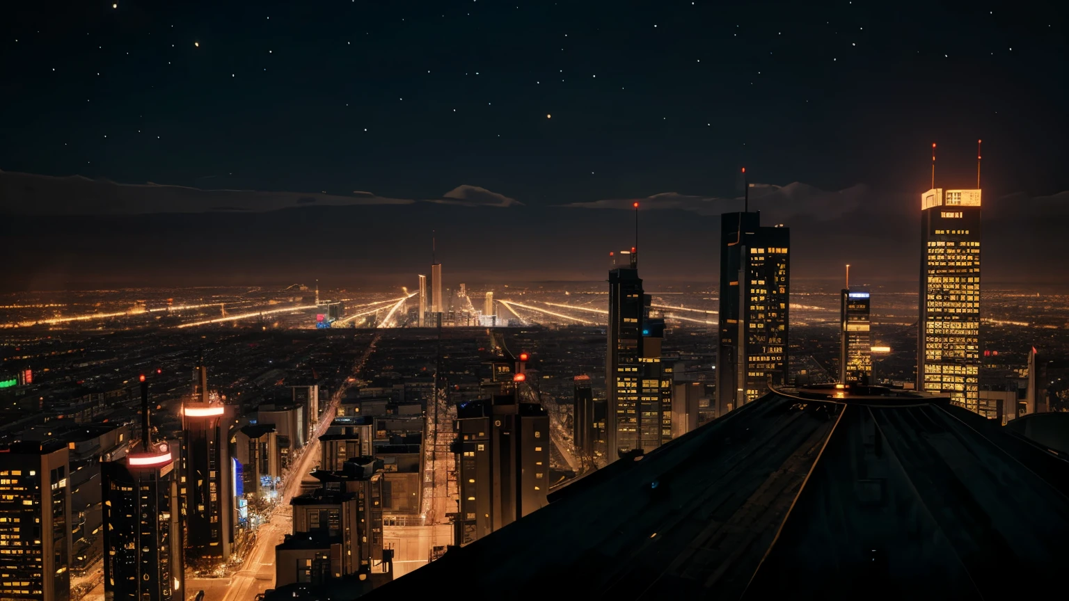 steampunk city on the verge of its technological development located in the night in anime style