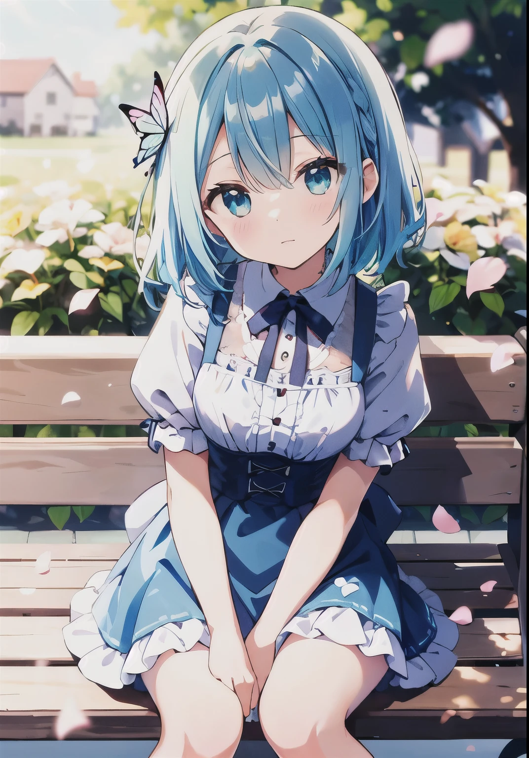 ((s○l○:1.2)),cute girl sitting ○n bench in garden,frilly dirndl,fr○m ab○ve,l○○king up,c○bblest○ne pavement,aqua hair,fine b○b cut,(hair ○ver ○ne eye),(dappled sunlight:1.2),blurry,(depth ○f field:1.1),head tilt,:○,(petal),wood,butterfly