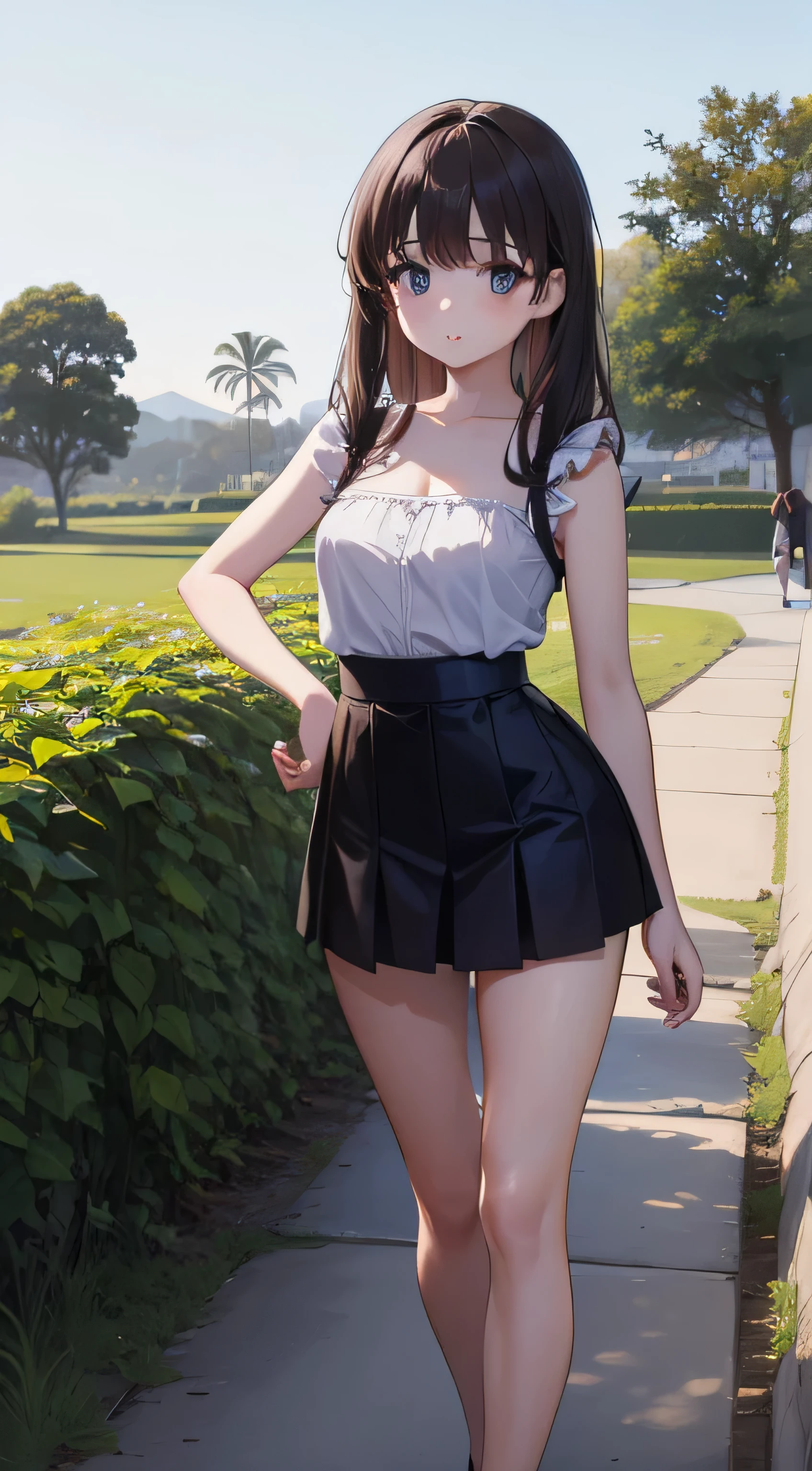 (Beautiful), (young), (skinny), (18yo), (black hair), ( girl), (high ponytail), (school courtyard), (dark blue pleated skirt), (bare breasts), (topless), (facing viewer), (facing camera), (sunny day), (trees)