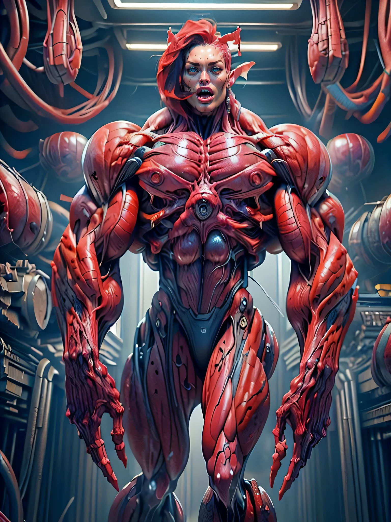 (1 girl), (megan fox:1.25), (long red hair), (carnage skinless physique:1.25), (1 super muscular undead skinless succubus with gigantic horns:1.25), (covered in red necrotic rotting skinless muscle:1.25), (exposed muscles & veins everywhere:1.25), (perfect fingers:1.25),(8k, RAW photo, photorealistic:1.25), dark horrific scary atmosphere, hellish landscape, Hellraiser like atmosphere,