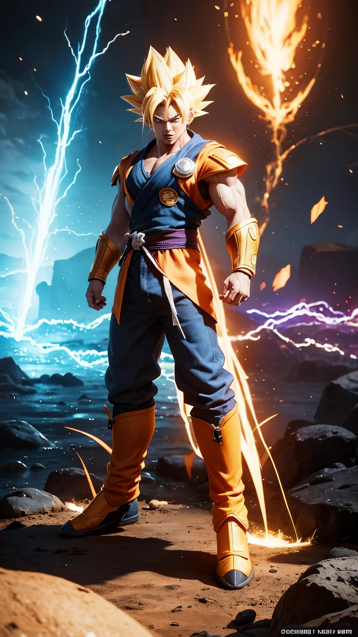 "Immerse yourself in the world of Future Goku Super Saiyan 4 with this high resolution rendering, every aspect of his character and surroundings crafted with unique and diverse styles."