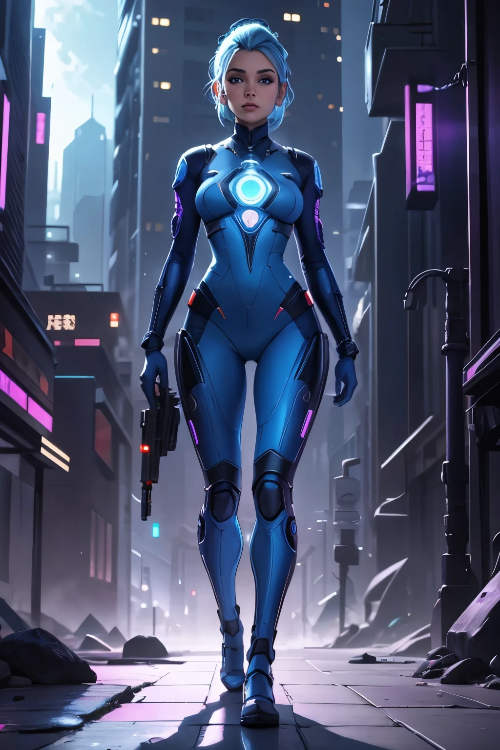 beautiful asari maiden in a sci-fi city, full body image