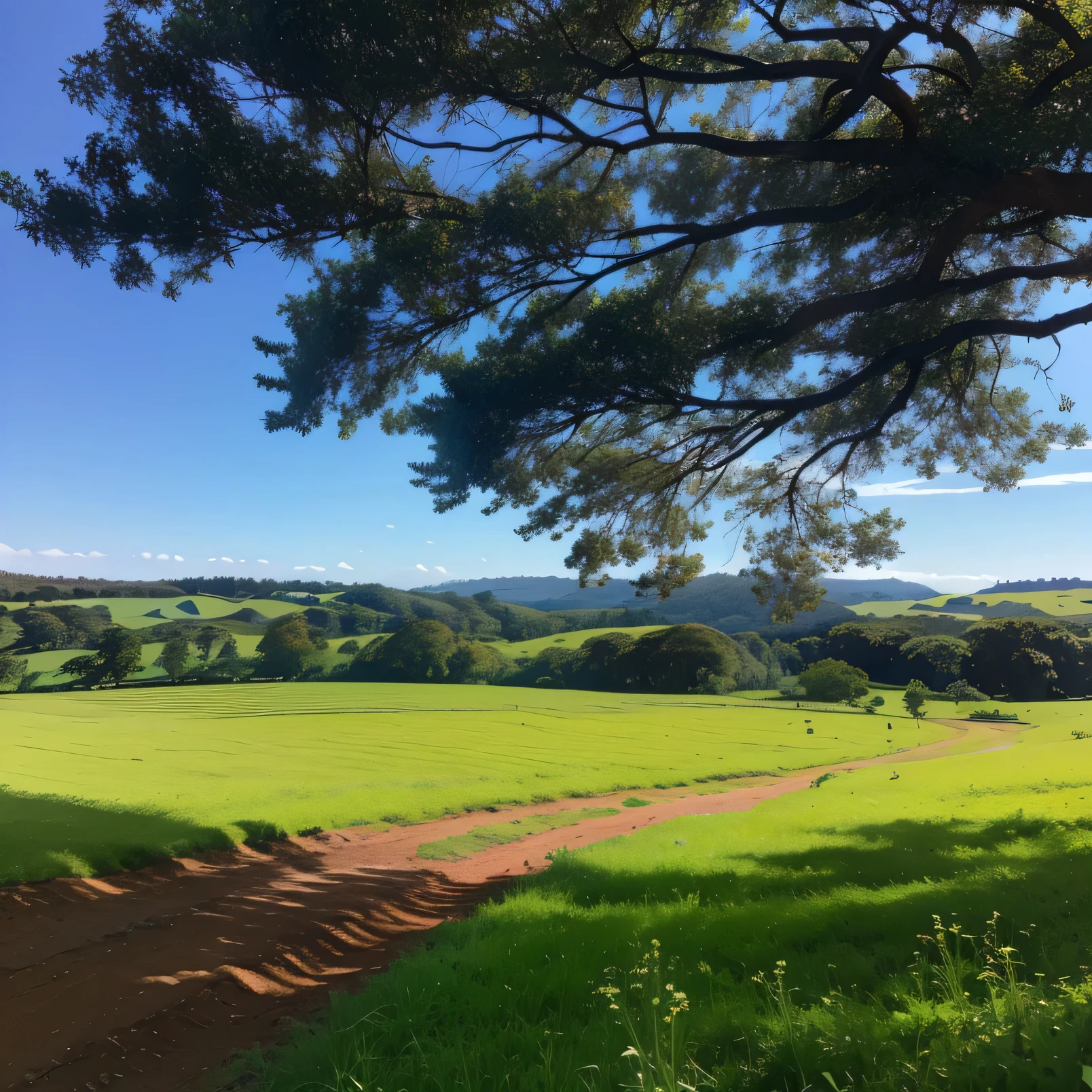 8K Ultra-HD, alta qualidade, muito detalhado, araffes in a field with dirt road and a tree, lindo dia tranquilo, green pastures stretch for miles, vale ao longe, interior, campos verdes ao fundo, an australian summer landscape, pastagens, interior exuberante, paisagem arejada, Lush farmland, country landscape, Campo verdejante em primeiro plano, blue sky and green pasture, Floresta remota de Velly