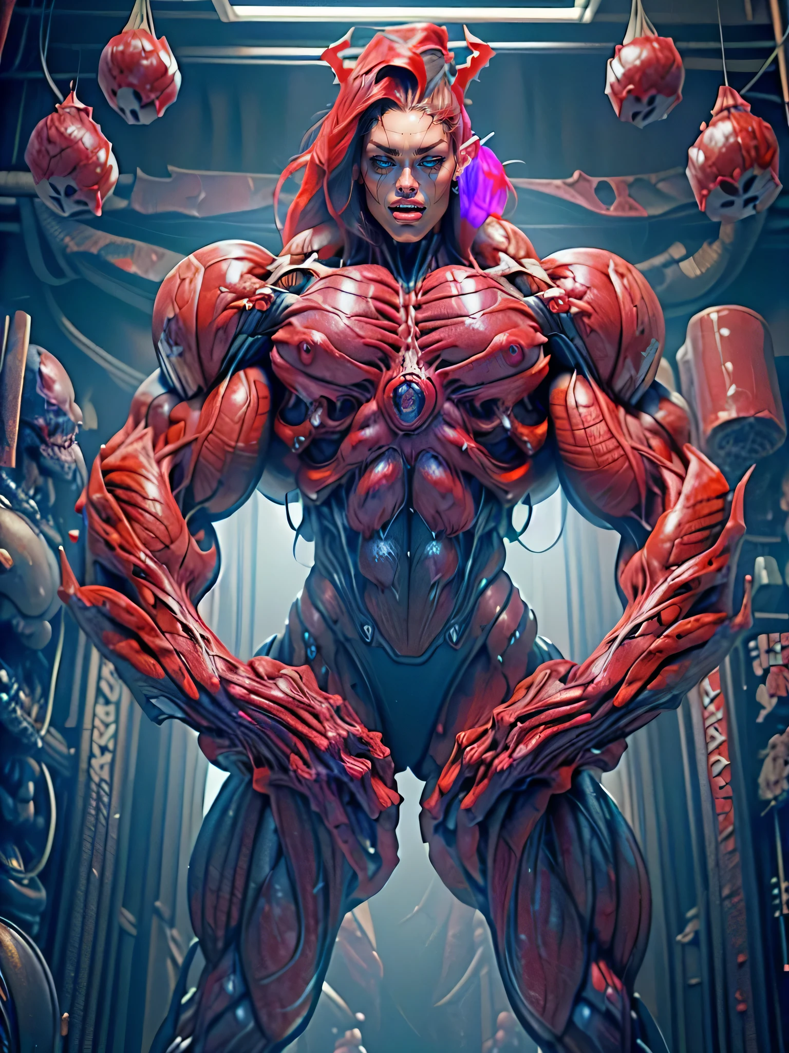 (1 girl), (megan fox:1.25), (long red hair), (carnage skinless physique:1.25), (1 super muscular undead skinless succubus with gigantic horns:1.25), (covered in red necrotic rotting skinless muscle:1.25), (exposed muscles & veins everywhere:1.25), (perfect fingers:1.25),(8k, RAW photo, photorealistic:1.25), dark horrific scary atmosphere, hellish landscape, Hellraiser like atmosphere,