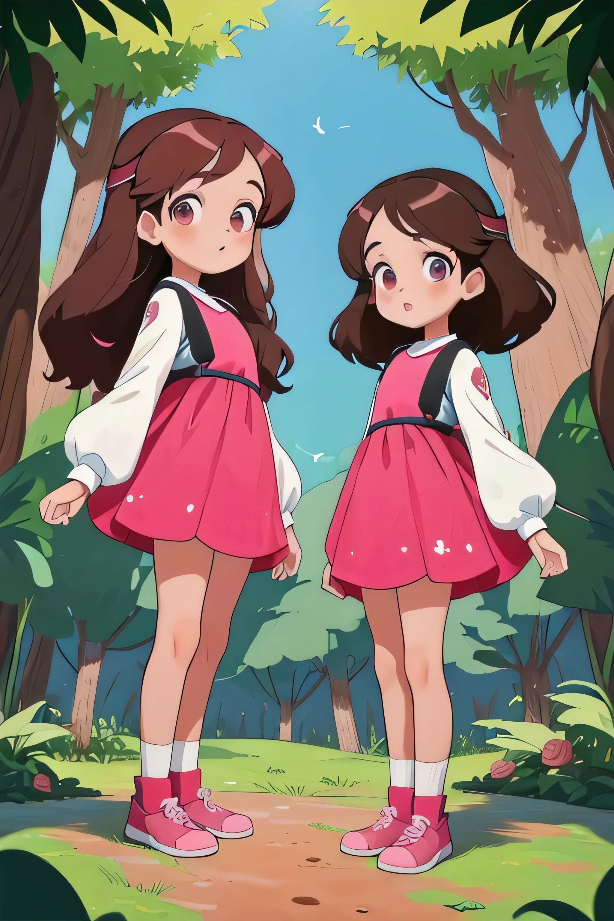 (Two brunette twins, de 5 anos, roupas rosa) Elas aprendem sobre as cores enquanto pintam e exploram o mundo ao seu redor. (twin 11 year old girls)