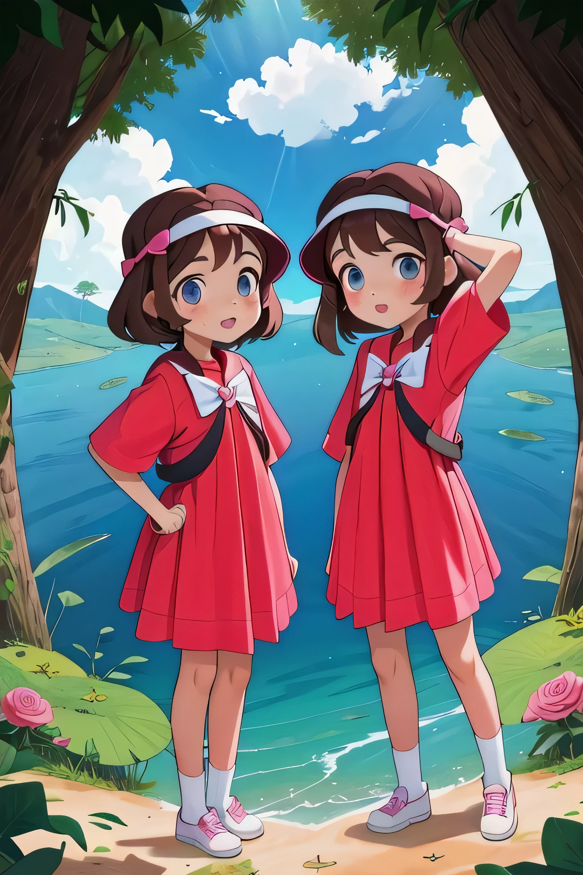 (Two brunette twins, de 5 anos, roupas rosa) Elas aprendem sobre as cores enquanto pintam e exploram o mundo ao seu redor. (twin 11 year old girls)
