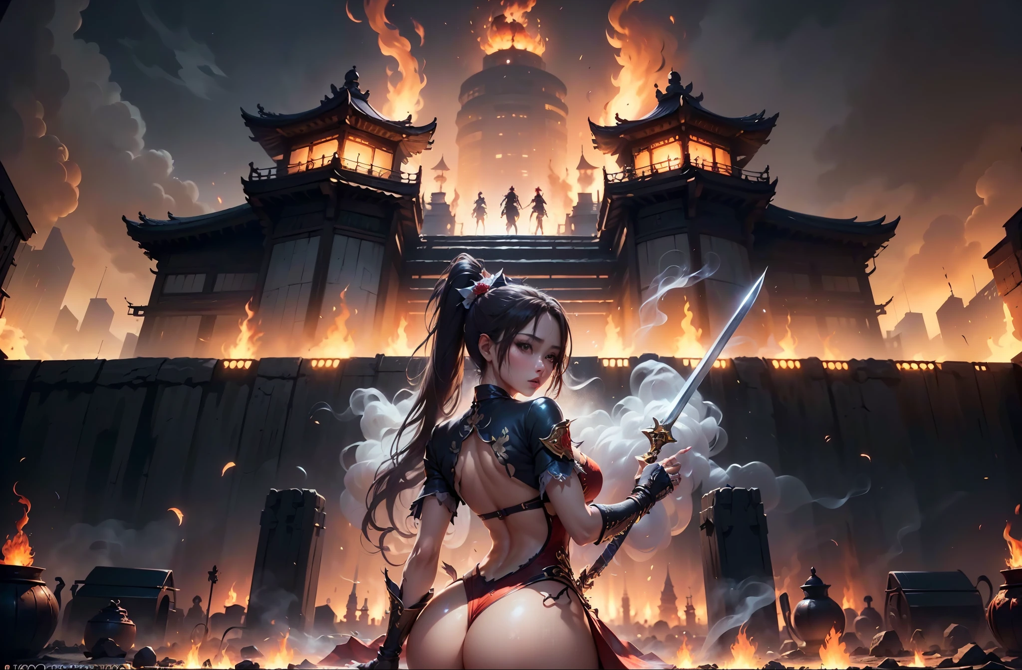 ((epic composition，Ancient battlefield of China，A woman wearing a fairy costume and a high ponytail holds a long sword，Shoot from behind，Corpses everywhere，Rich scene details，siege，Smoke was everywhere，In the distance is the tall city gate，The flames illuminate the sky red，))，((8k, super detail, UHD, masterpiece, super detail, high details, high quality, award winning, best quality, highres, 1080P, HD, 4K, 8k, ccurate))