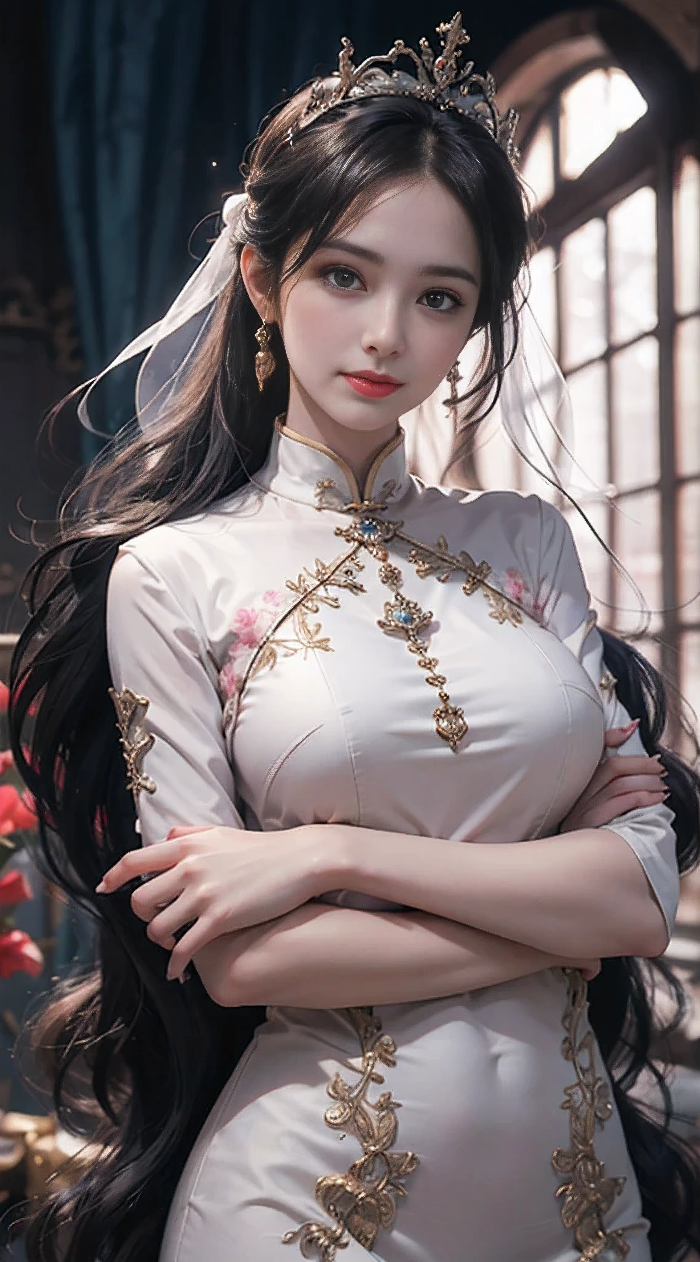 Portrait of a women saint of 28 years old, Saint with a beautiful and super cute face,Wearing a very thin and sexy Ao Dai, Beautiful cute face, There is a deep slit in the chest、Black and white lace trim attractive Ao Dai, Beautiful face without blemish, Lovely smile, ((7 colors of hair length:1.2)), Big Crown, Hair brooch, Hamf Dress, Chinese ancient style, Full Body Jewelry, Tattoo on the forehead, The breasts of the female saint are round、It's so full, Breast augmentation surgery, Innocent face, The most beautiful and detailed pale red lipstick, ((thin plump lips:0.3)), Delicate pink and white eyes (White and detailed) Cinematic, Light and Darkness, Dramatic Lighting, magical light, Highly detailed light, True Color, Super sharp, Realistic, The 8k quality, Fantasy universe background, Saints and magical spaces, The most detailed image, Solo, saints, ((See the saint's upper body directly:0.4)), ((Smooth skin:0.5)),