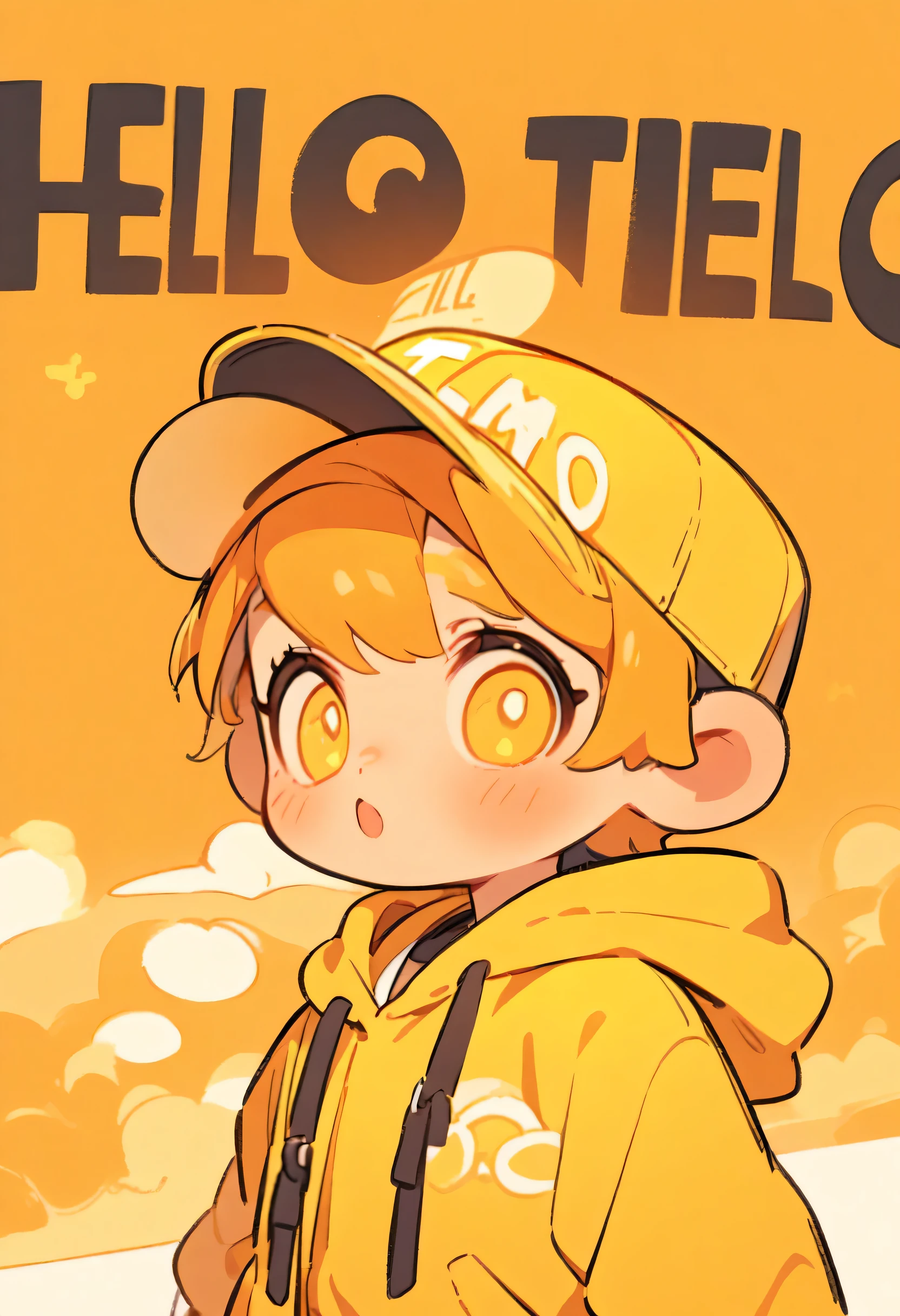 A cute little bear,baseball_hat,hoodie,Take the brand,it says "Hello",yellow theme,orange background,