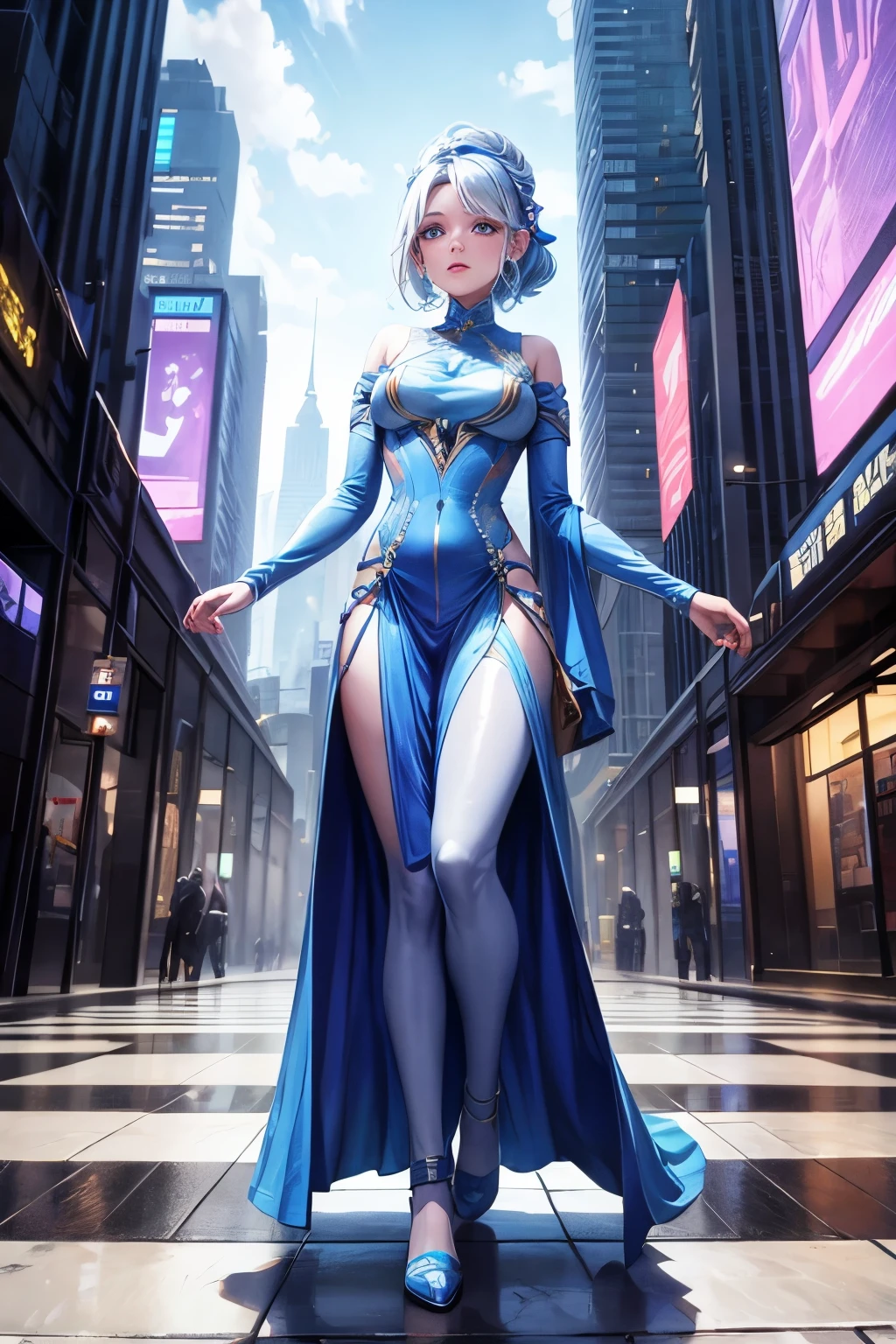 beautiful asari maiden in a sci-fi city, full body image