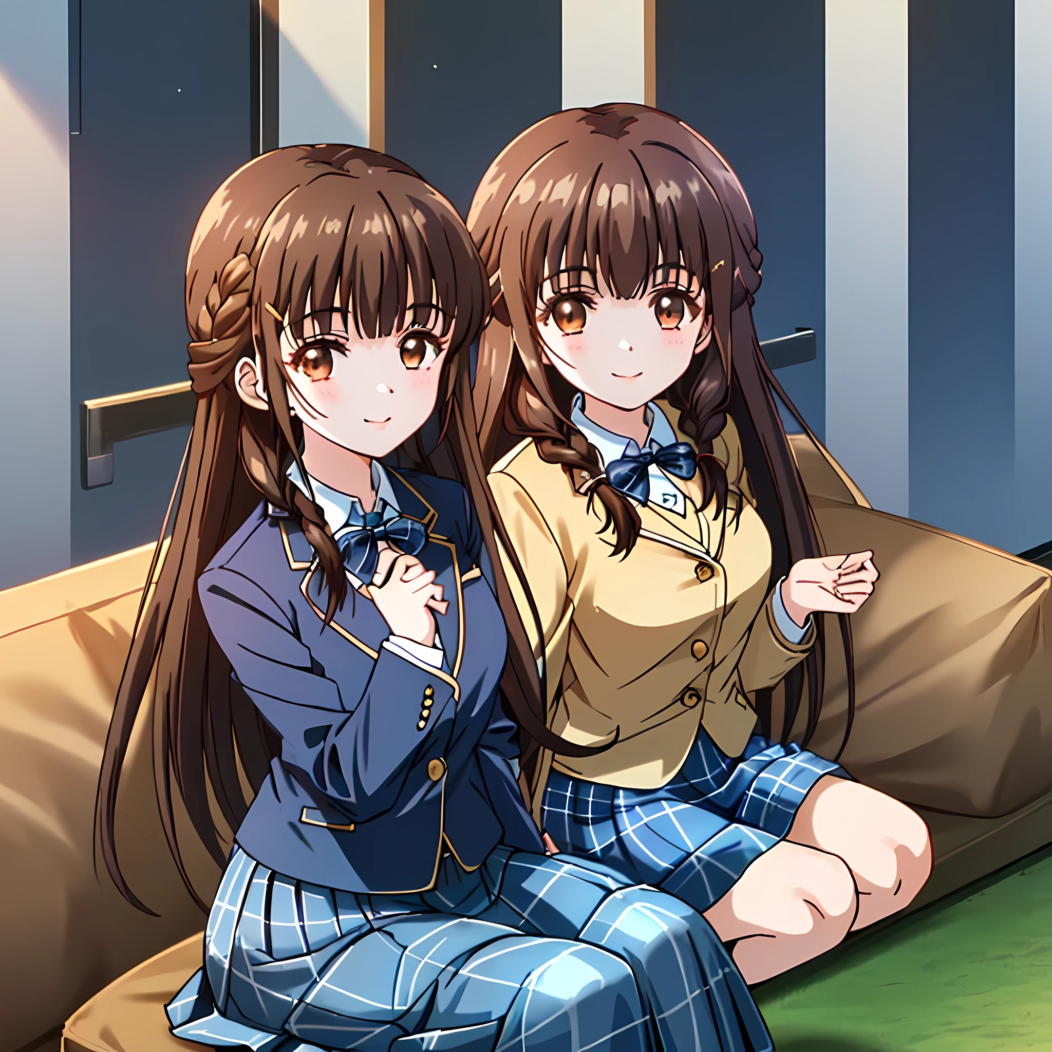 highest quality, (masterpiece:1.2), High resolution, perfect pixel, very detailed,thin and sharp lines, ((smooth texture:1.2, Anime CG style)), only one girl, The girl is looking at the viewer and smiling, glossy lips, nice smile, big brown eyes, (((dark brown hair))), , big shiny hair clip, , ((Dark blue blazer with golden emblem on left chest)), ((Japanese style school butterfly ribbon with large navy blue stripes on the chest)), very shiny hair、laughter、bright look、Both face and hair catch the light and shine, The corners of the eyes are drooping, Cute braids, (((Dark brown tightly braided hairstyle))), ((((dark blue & Deep navy tartan check middle long skirt)))), A gentle and cute expression staring at the viewer, ((long eyelashes)), the skirt is very cute, brown leather shoes, white socks