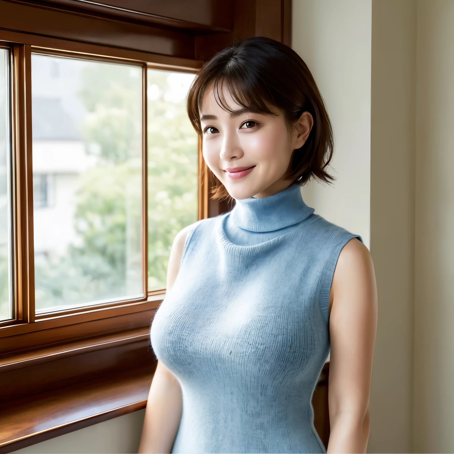 (highest quality、table top、8K、best image quality、Award-winning work)、1 woman、(Perfect sleeveless turtleneck knit sweater dress in random colors:1.3)、(short hair:1.1)、(:1.2)、the biggest smile looking at me、(big breasts:1.8)、perfect fit、(emphasize body line:1.2)、low length、(glamorous body:1.2)、(chubby body type:1.2)、Stand gracefully by the elegant and beautiful window.、(standing elegantly:1.2)、(elegant and beautiful curtains:1.1)、(A perfectly organized and beautiful window in a new house:1.1)、refreshing window、(A refreshing view from the window:1.1)、new and beautiful walls、natural makeup、Ultra high definition beauty face、ultra high definition hair、Super high-definition sparkling eyes、(Super high resolution glossy skin:1.1)、Super high resolution glossy lips、(accurate anatomy:1.1)、(very bright and vivid:1.3)、(Beautiful skin that shines brightly:1.3)