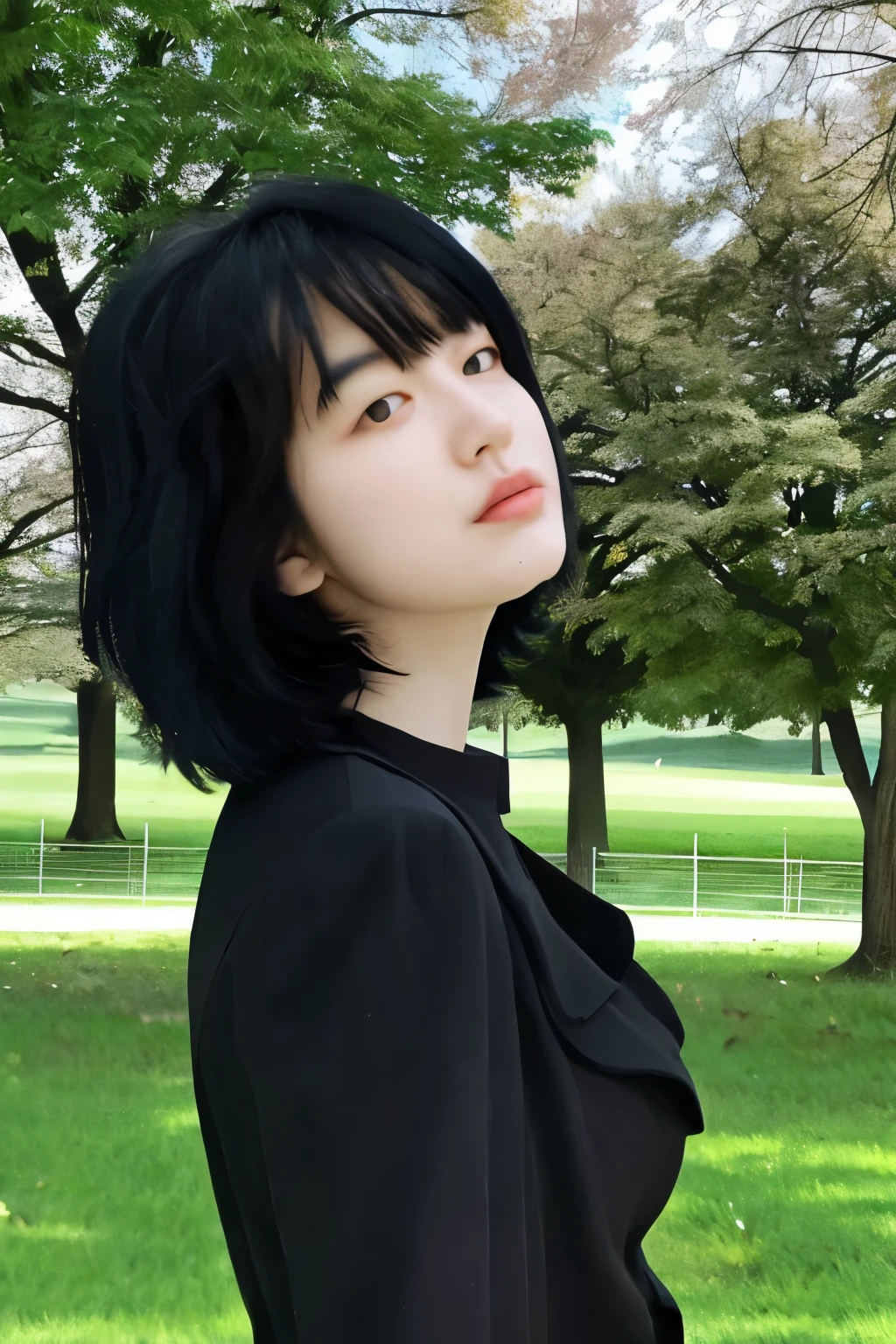 black hair, in the city park, seen by many people