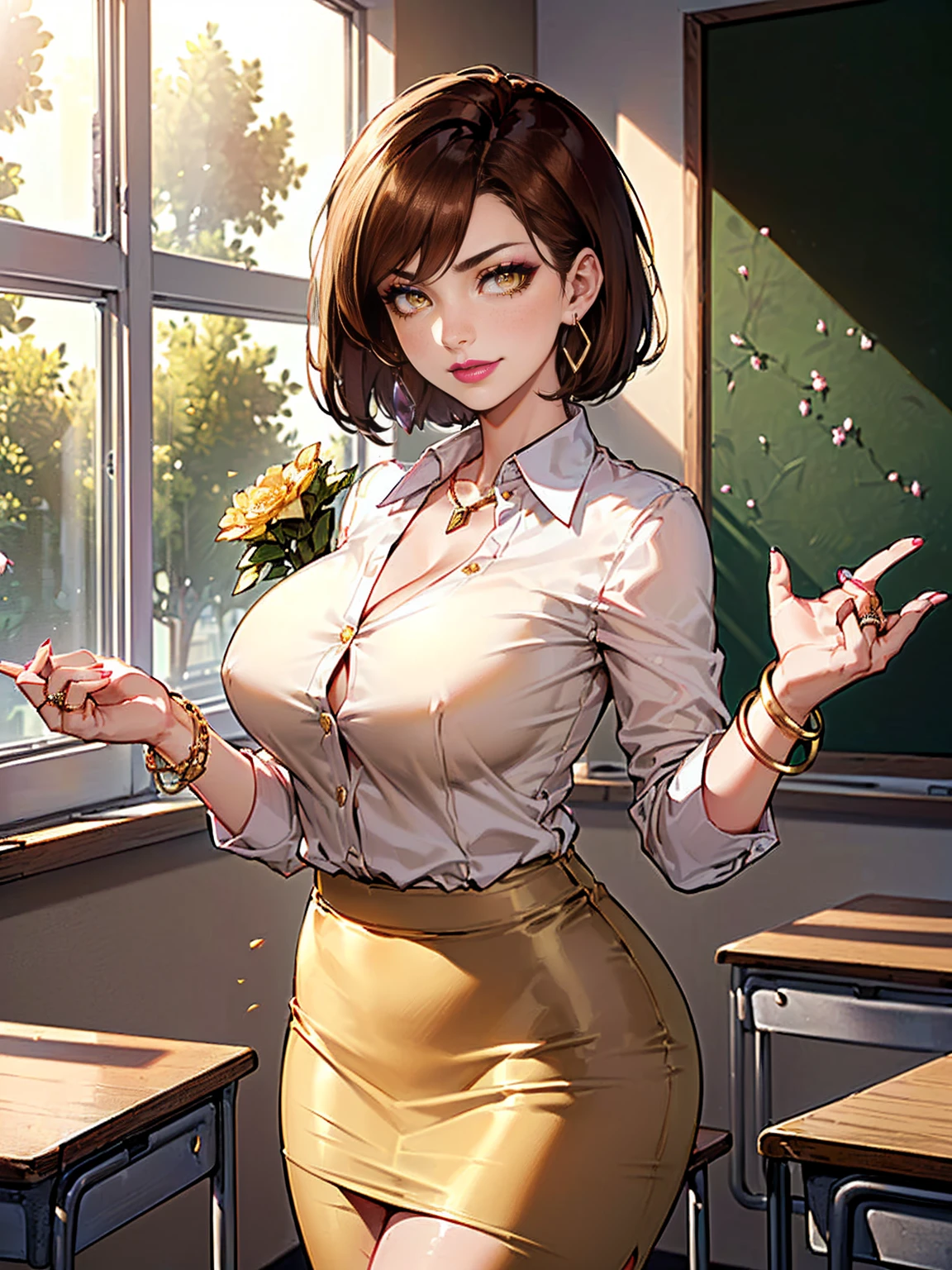 ((woman, very short hair, yellow eyes, brown hair, tomboy, big breasts, beige suit, beige pencil skirt, satin blouse, black blouse, five white, amethyst earrings, gold bracelet, wedding ring, pink lipstick, smug )), ((teacher, classroom background, business background, windows, sunny day, bushes, trees, flowers, classroom))