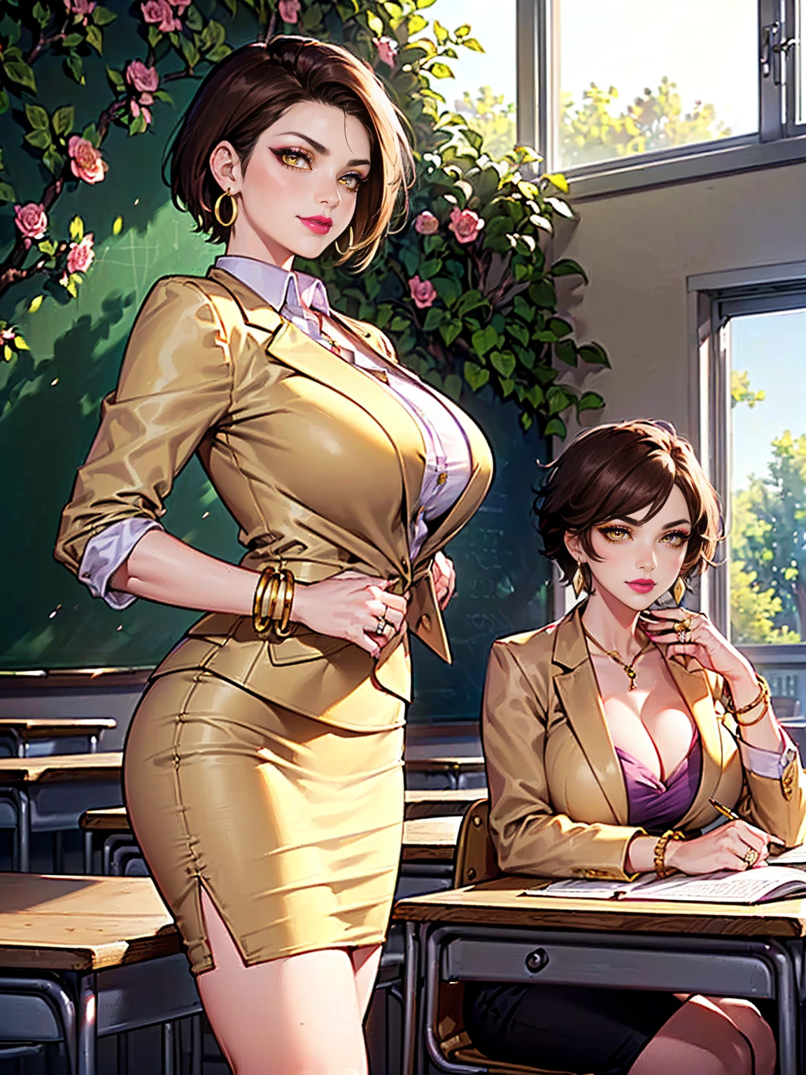 ((woman, very short hair, yellow eyes, brown hair, tomboy, big breasts, beige suit, beige pencil skirt, satin blouse, black blouse, five white, amethyst earrings, gold bracelet, wedding ring, pink lipstick, smug )), ((teacher, classroom background, business background, windows, sunny day, bushes, trees, flowers, classroom))
