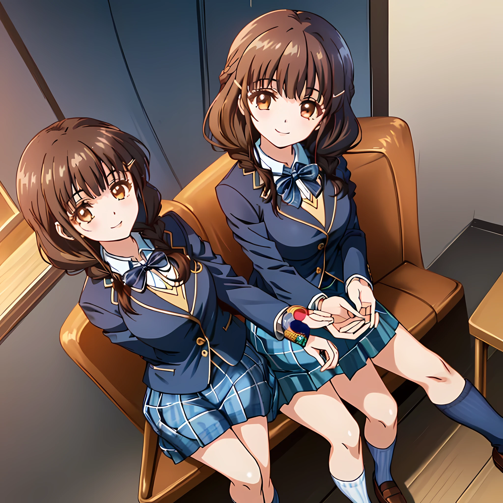 highest quality, (masterpiece:1.2), High resolution, perfect pixel, very detailed,thin and sharp lines, ((smooth texture:1.2, Anime CG style)), Just two girls separated, The girl is looking at the viewer and smiling, glossy lips, nice smile, big brown eyes, (((dark brown hair))), 15 years old, big shiny hair clip, , ((Dark blue blazer with golden emblem on left chest)), ((Japanese style school butterfly ribbon with large navy blue stripes on the chest)), very shiny hair、laughter、bright look、Both face and hair catch the light and shine, The corners of the eyes are drooping, Cute braids, (((Dark brown tightly braided hairstyle))), ((((dark blue & Deep navy tartan check middle long skirt)))), A gentle and cute expression staring at the viewer, ((long eyelashes)), the skirt is very cute, brown leather shoes, white socks