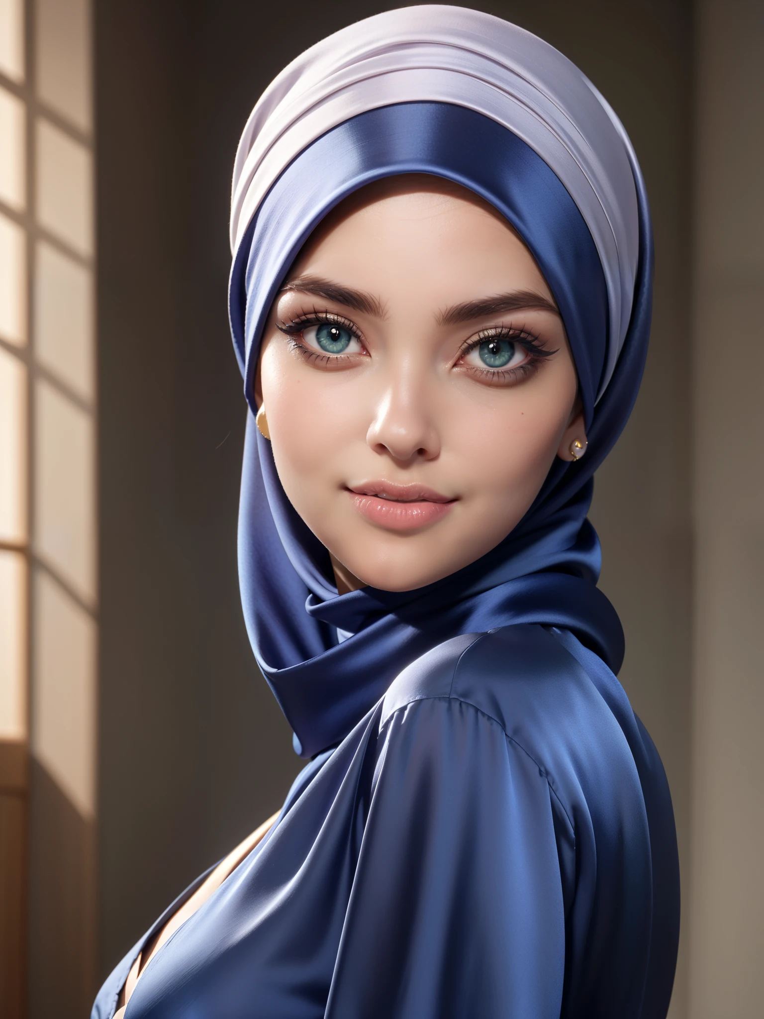 Character Design - a beautiful hijab woman character, beautifully makeup, eyeshadow, green eyes, Parted Lips, detailed eyes, beautiful big eyes, long eye lashes, warm smile,. She's dresses (blue dark satin headscarf)), loosely tide hijab style, ((Taupe satin shirt)), satin long pario. (Framing:head to thigh), front views, very beautiful face, centre of city background