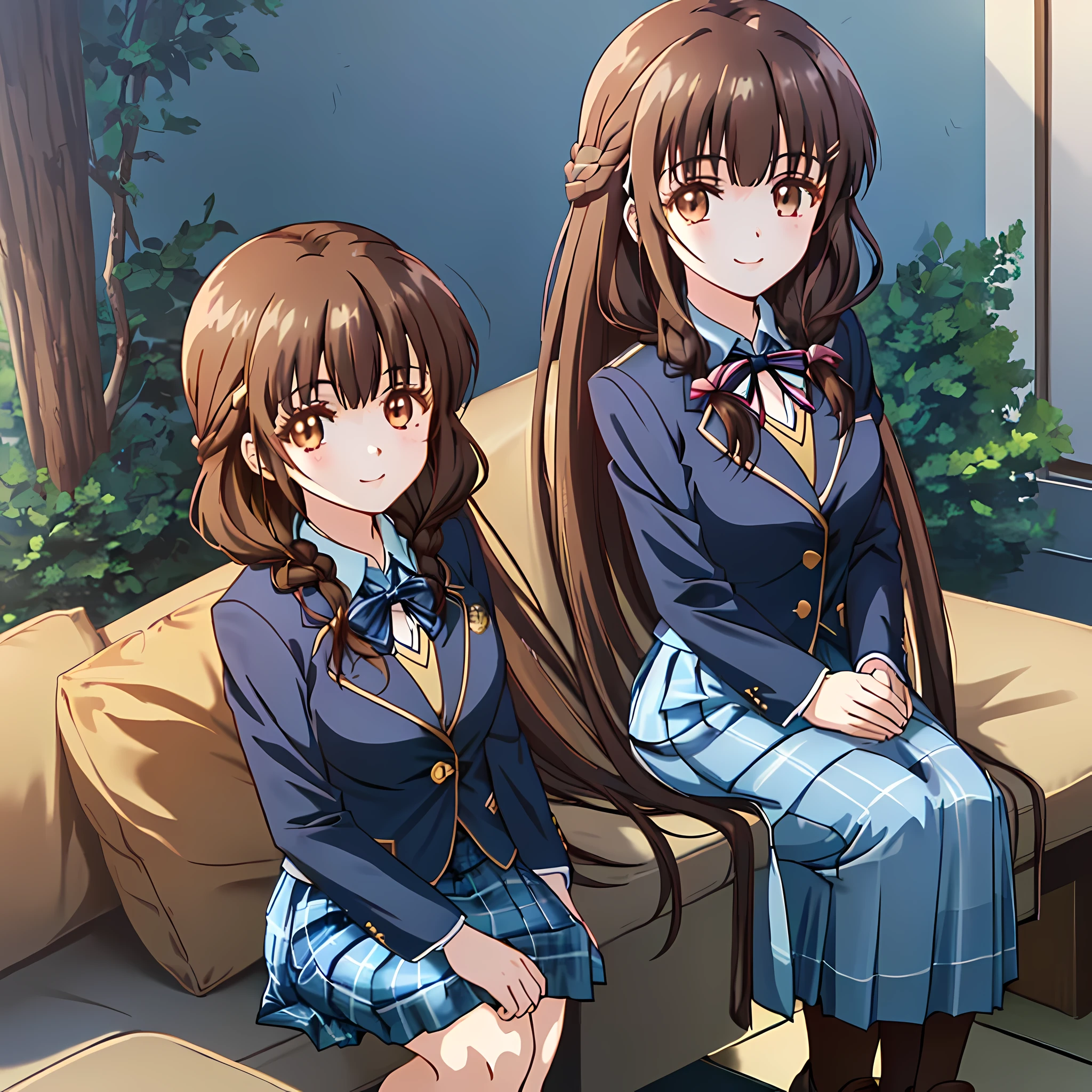 highest quality, (masterpiece:1.2), High resolution, perfect pixel, very detailed,thin and sharp lines, ((smooth texture:1.2, Anime CG style)), Just two girls separated, The girl is looking at the viewer and smiling, glossy lips, nice smile, big brown eyes, (((dark brown hair))), 15 years old, big shiny hair clip, , ((Dark blue blazer with golden emblem on left chest)), ((Japanese style school butterfly ribbon with large navy blue stripes on the chest)), very shiny hair、laughter、bright look、Both face and hair catch the light and shine, The corners of the eyes are drooping, Cute braids, (((Dark brown tightly braided hairstyle))), ((((dark blue & Deep navy tartan check middle long skirt)))), A gentle and cute expression staring at the viewer, ((long eyelashes)), the skirt is very cute, brown leather shoes, white socks