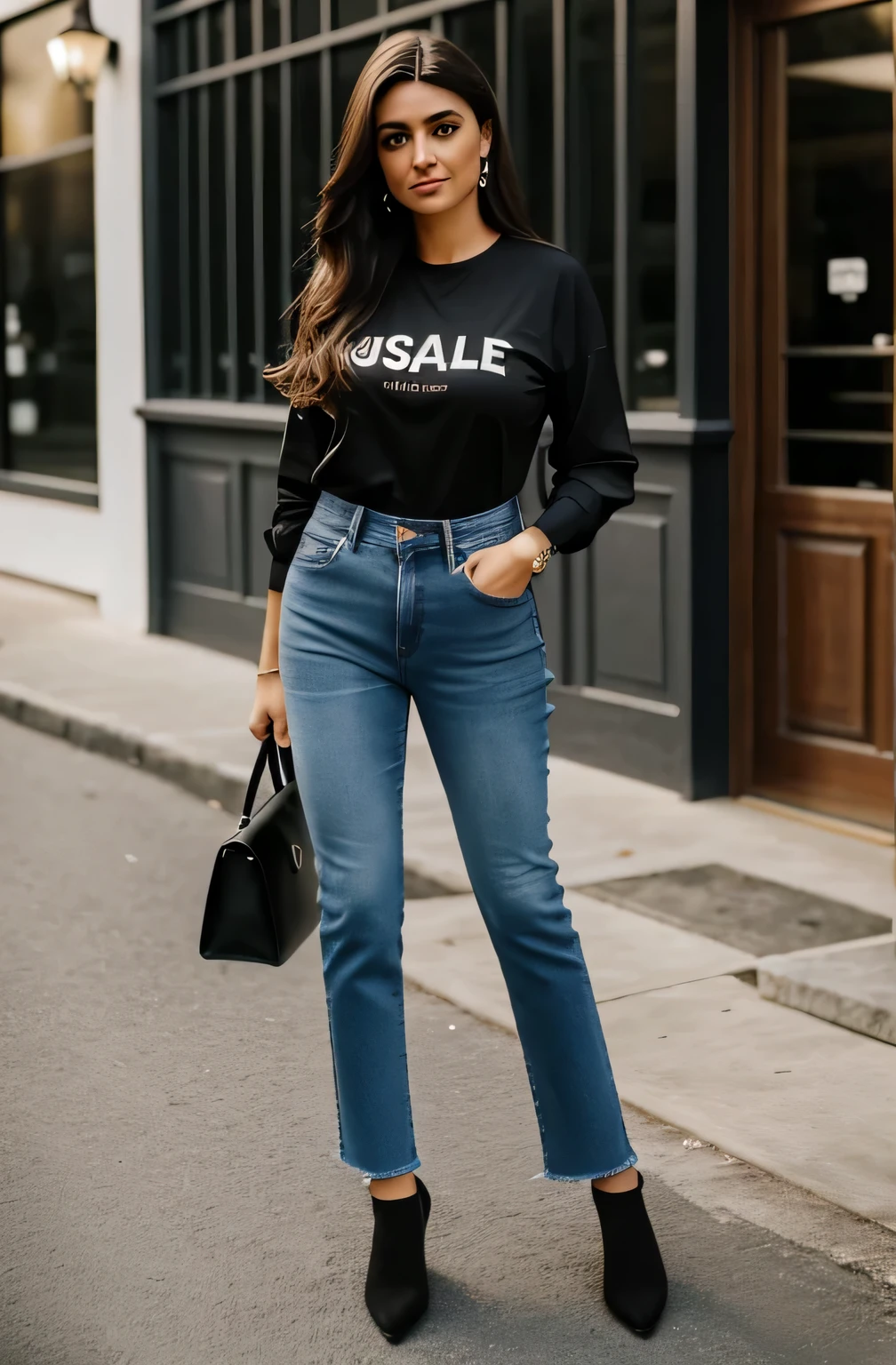 1 mulher adulta, cabelo comprido, cabelo cacheado, cabelo cor preto, pele suave, olhos castanhos, sorrir, vegetation, Ocasional, Businesswoman style clothes, jeans, blusa branca, sapato salto preto realista, com fundo em um restaurante chique, 8k super realista, super detalhado e realista