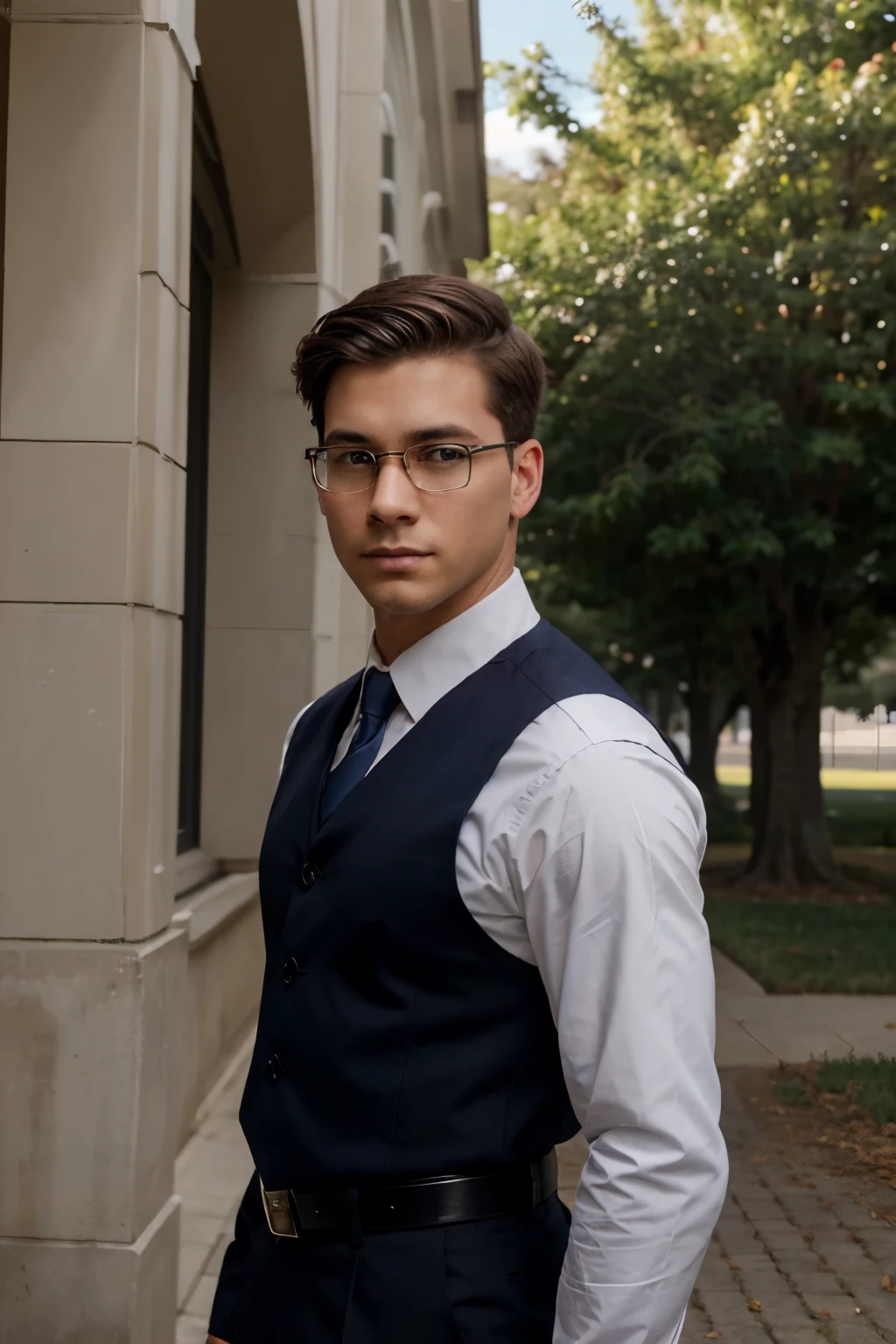 Scene:  A wide shot of the iconic facade of Fishburne Military School in Waynesboro, Virginia. Lush green grass and a clear blue sky complete the scene.

Central Focus: In the foreground, slightly off-center, stands a Fishburne Military School cadet.

Cadet Description:

Age: 17 years old
Gender: Male
Ethnicity: Caucasian
Skin Tone: Light with a hint of a tan
Facial Features:

Eyes:
Color: Deep blue
Shape: Almond-shaped with a determined gaze
Size: Medium
Eyebrows:
Color: Light brown, slightly darker than hair
Shape: Thick and well-groomed, with a slight arch
Nose:
Shape: Straight
Size: Medium
Mouth:
Lip Shape: Full but not overly so, with a hint of a closed-mouth smile
Hair:
Color: Light brown with a hint of gold in the sunlight
Style: Short and neatly crew cut, no longer than half an inch
Hairstyle: Simple, brushed forward with a clean side part on the left
Additional Details:

Facial Hair: None (clean-shaven)
Glasses: None
Expression: Confident and determined, with a hint of pride in his eyes as he looks towards the school building.
Uniform:

The cadet is dressed in the Fishburne Military School winter uniform.
This includes:
A dark navy wool blend jacket with the Fishburne Military School crest on the left ?????? pocket.
A light gray wool blend shirt with epaulettes and long sleeves. The sleeves are buttoned at the cuffs.
A dark navy tie with a thin gold stripe.
Dark navy wool trousers with a sharp crease down the front.
Black leather dress shoes that are well-polished.
A silver Fishburne Military School belt buckle is visible at his waist.
Overall Tone:

The image should be realistic and well-lit, capturing the pride and tradition associated with Fishburne Military School. The focus should be on the cadet's confident and determined expression, highlighting the educational environment that fosters leadership and discipline.