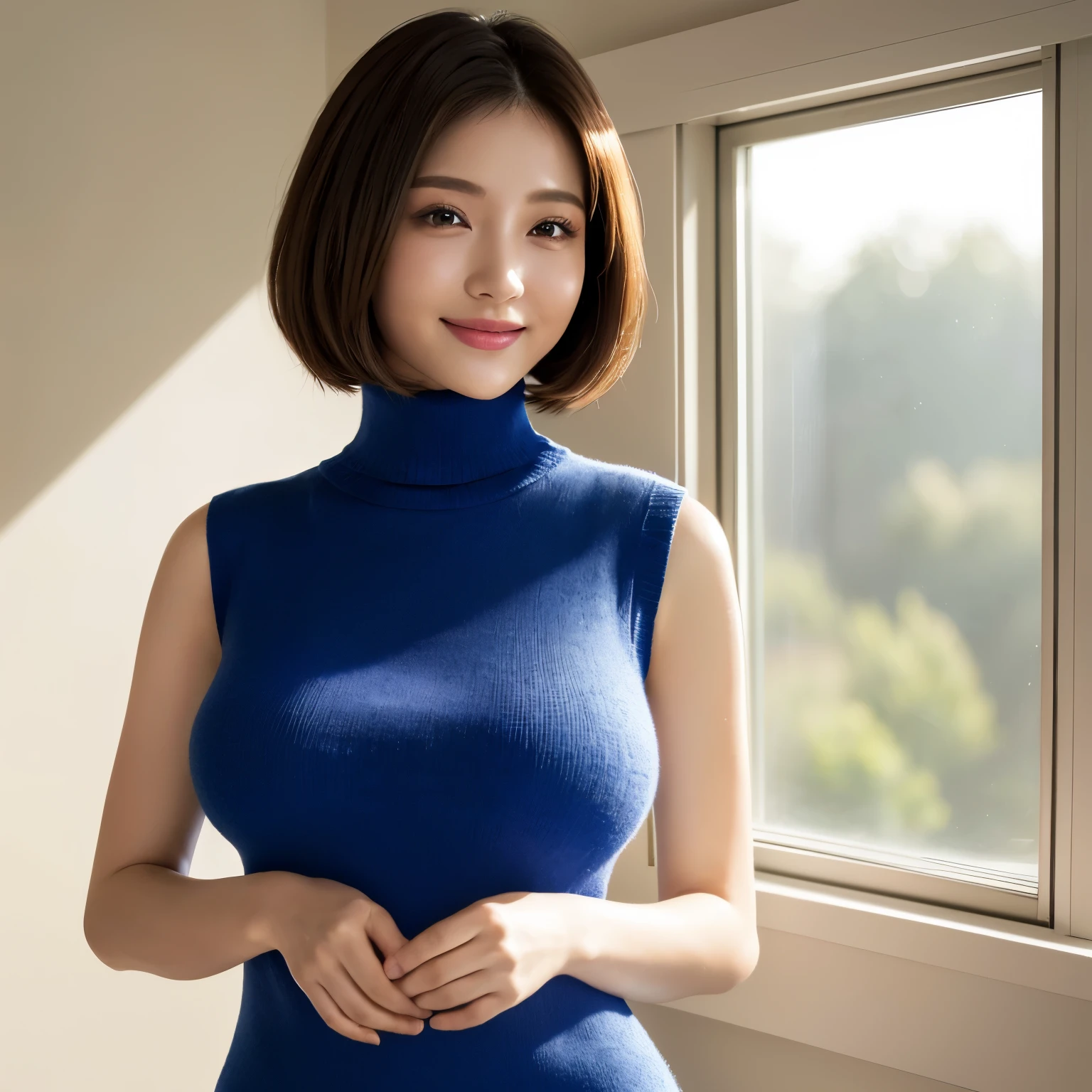 (highest quality、table top、8K、best image quality、Award-winning work)、1 woman、(Perfect sleeveless turtleneck knit sweater dress in random colors:1.3)、(straight short hair:1.1)、(baby face:1.2)、the biggest smile looking at me、(big breasts:1.5)、perfect fit、(emphasize body line:1.2)、low length、(glamorous body:1.2)、(chubby body type:1.2)、Stand gracefully by the elegant and beautiful window.、(standing elegantly:1.2)、(elegant and beautiful curtains:1.1)、(A perfectly organized and beautiful window in a new house:1.1)、refreshing window、(A refreshing view from the window:1.1)、new and beautiful walls、natural makeup、Ultra high definition beauty face、ultra high definition hair、Super high-definition sparkling eyes、(Super high resolution glossy skin:1.1)、Super high resolution glossy lips、(accurate anatomy:1.1)、(very bright and vivid:1.3)、(Beautiful skin that shines brightly:1.3)