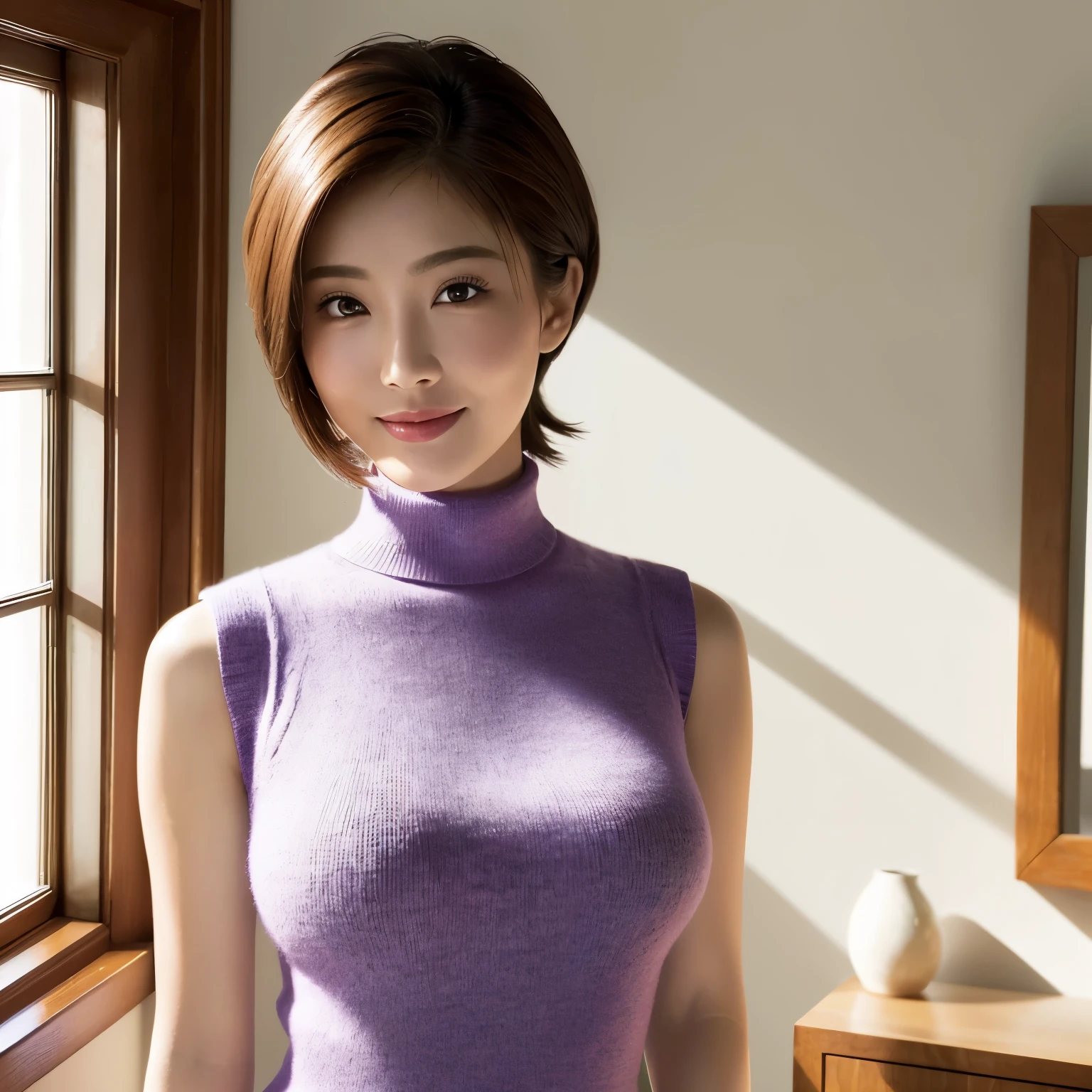 (highest quality、table top、8K、best image quality、Award-winning work)、1 woman、(Perfect sleeveless turtleneck knit sweater dress in random colors:1.3)、(straight short hair:1.1)、(baby face:1.2)、the biggest smile looking at me、(big breasts:1.5)、perfect fit、(emphasize body line:1.2)、low length、(glamorous body:1.2)、(chubby body type:1.2)、Stand gracefully by the elegant and beautiful window.、(standing elegantly:1.2)、(elegant and beautiful curtains:1.1)、(A perfectly organized and beautiful window in a new house:1.1)、refreshing window、(A refreshing view from the window:1.1)、new and beautiful walls、natural makeup、Ultra high definition beauty face、ultra high definition hair、Super high-definition sparkling eyes、(Super high resolution glossy skin:1.1)、Super high resolution glossy lips、(accurate anatomy:1.1)、(very bright and vivid:1.3)、(Beautiful skin that shines brightly:1.3)