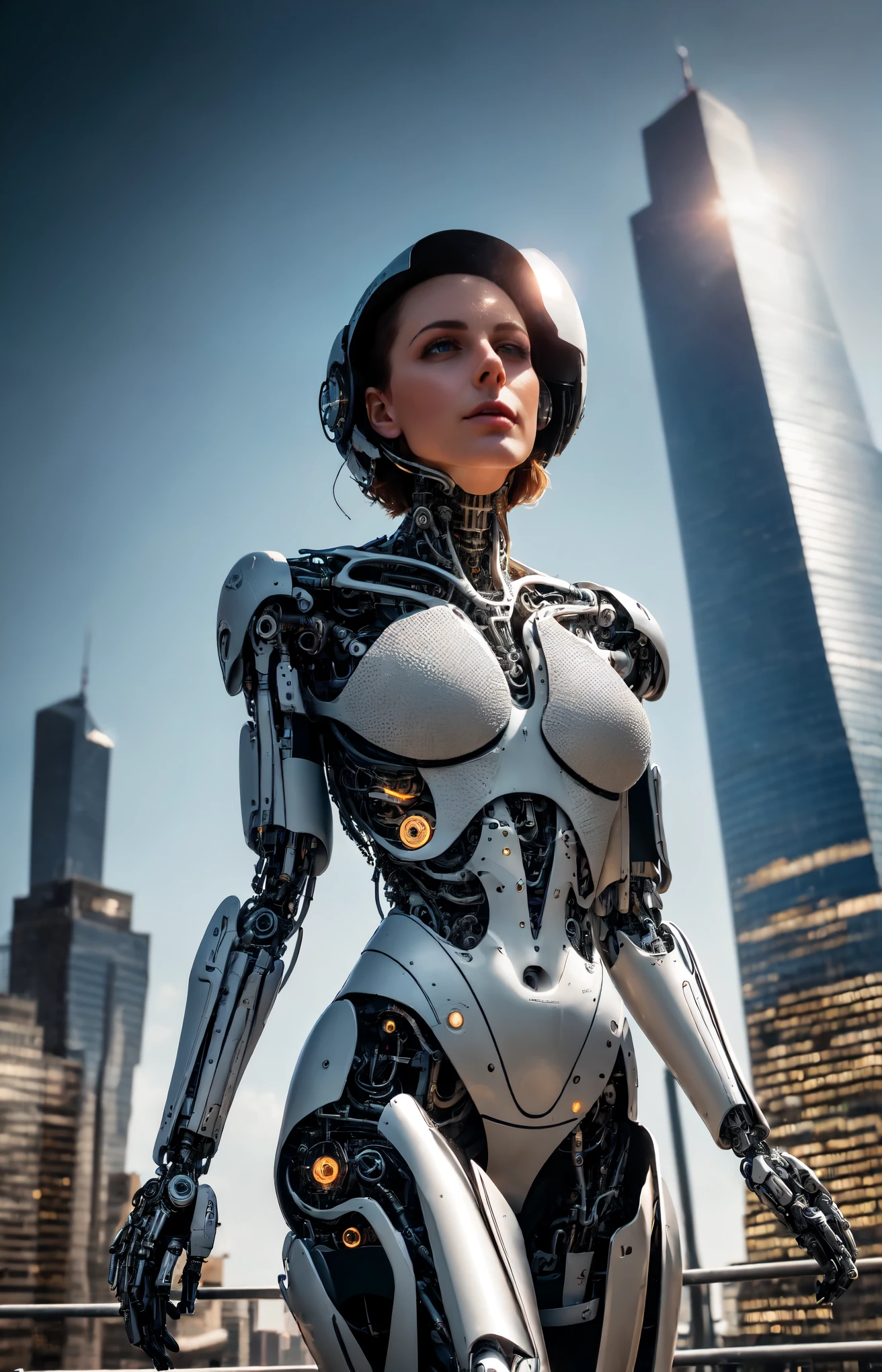 The intimate relationship of a male cyborg and a female cyborg in a skyscraper office in a big city, high quality, best quality, absurdres, masterpiece, beautiful, intricate details, 1/2 body crop, slim body, beautiful figure, magnificent anatomy, (intricate details:1.12), HDR, (intricate details, hyper-detailing:1.15), (natural skin textures, hyper realisitc, soft light, Sharp:1.2)