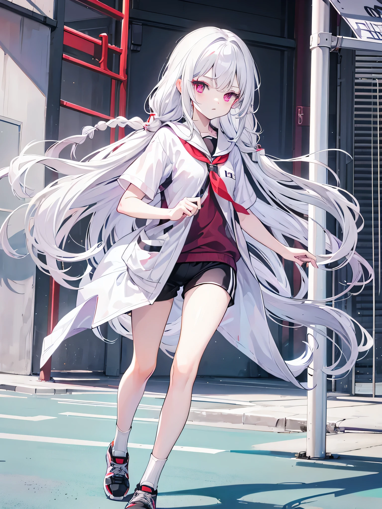 Long silver-white hair and waist,purple eyes,Red eyes,different students,Wearing black sports short sleeves,white sports shorts,White knee-length socks,Running in the school playground,issue card,medium height girl,Lovely,Qi bangs,There are braids