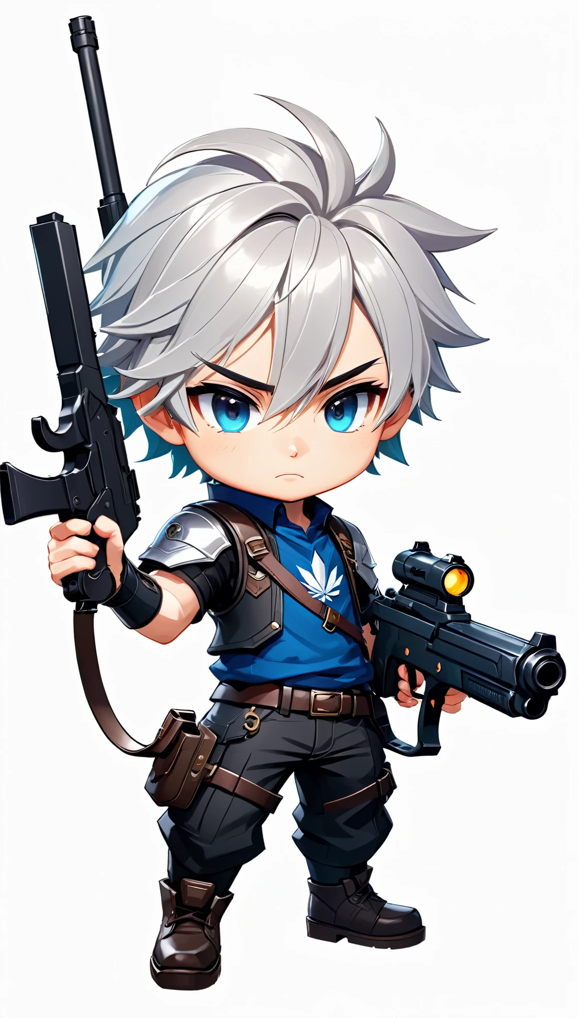 Cartoon illustration of boy holding gun and gun, heroes 2d fan art artstation, trigger anime art style, sancred waters, sancred waters in style of wlop, Character art of Maple Leaf Story, 2D game fanart, 2D animation style, Thancred's portrait, advanced digital chibi art, 2D sprite, chibi art, 2D animation
