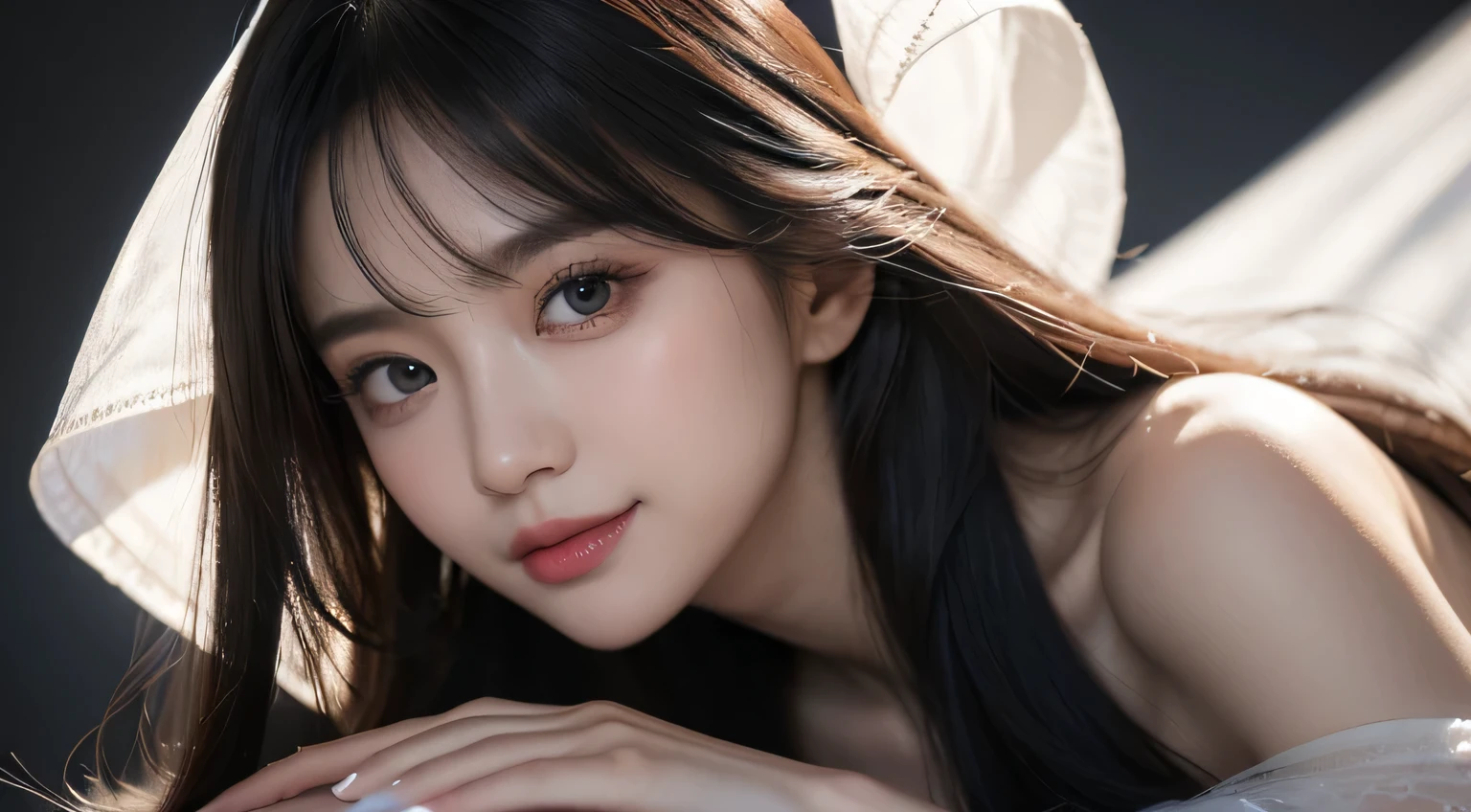 (Hyper-realistic) , (illustratio), (Increase the resolution), (8K), (extremely detaile), (Most Best Illustration), (Beautiful and delicate eyes), (best qualtiy), (ultra - detailed), (tmasterpiece), ( the wallpaper), (Detailed face), full bodyesbian,1个Giant Breast Girl, 1 hand grasps the chest,Smile,looking at viewert, exquisite detailing, Detailed face, cropped shoulders,in the darkness nigth, deep shading, low tune,pureerosfaceace_V1, ssmile,long whitr hair,Black shawl straight hair,46 points oblique bangs