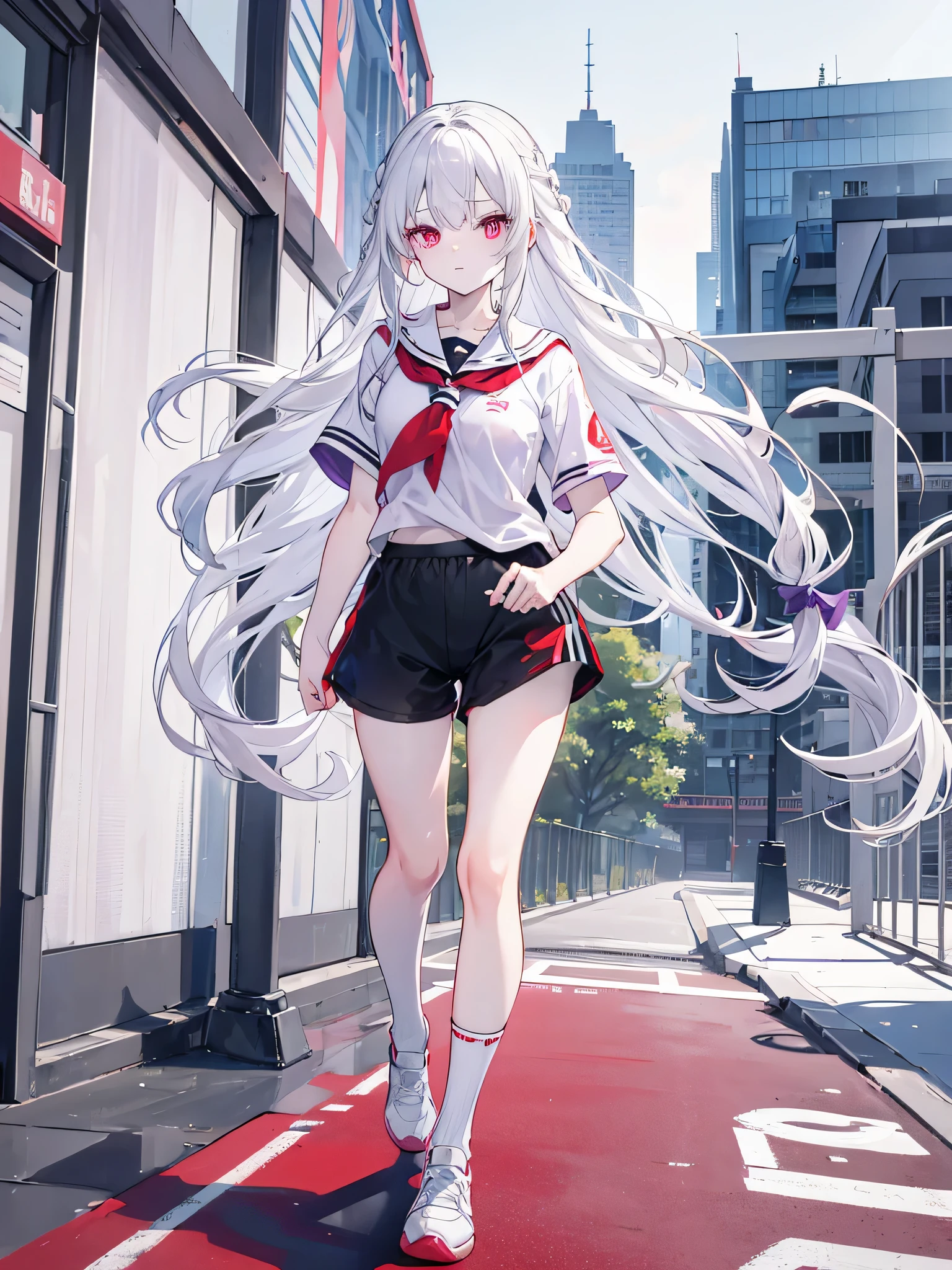 Long silver-white hair and waist，purple eyes，Red eyes，different students，Wearing black sports short sleeves，white sports shorts，White knee-length socks，Running in the school playground，issue card，medium height girl，Lovely，Qi bangs，There are braids