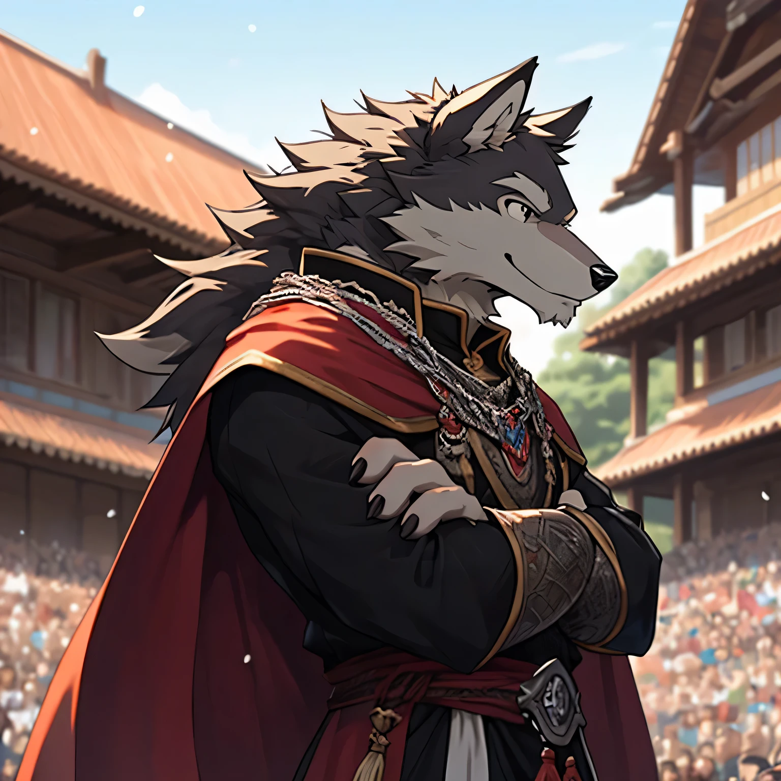 a scene from the movie, depth of field, motion blur, ridiculous, looking at the audience, (best quality), (masterpiece), (super detailed), sharp focus, Genji, Eye, black Eye, hairy, alone, light white fur, brown fur, black beard, face up close, Profile picture, arms crossed, blink, Smile, human nature (Wolf), male, (Wolf),  juvenile。, knight clothing, red cherry long cloak, super detailed face