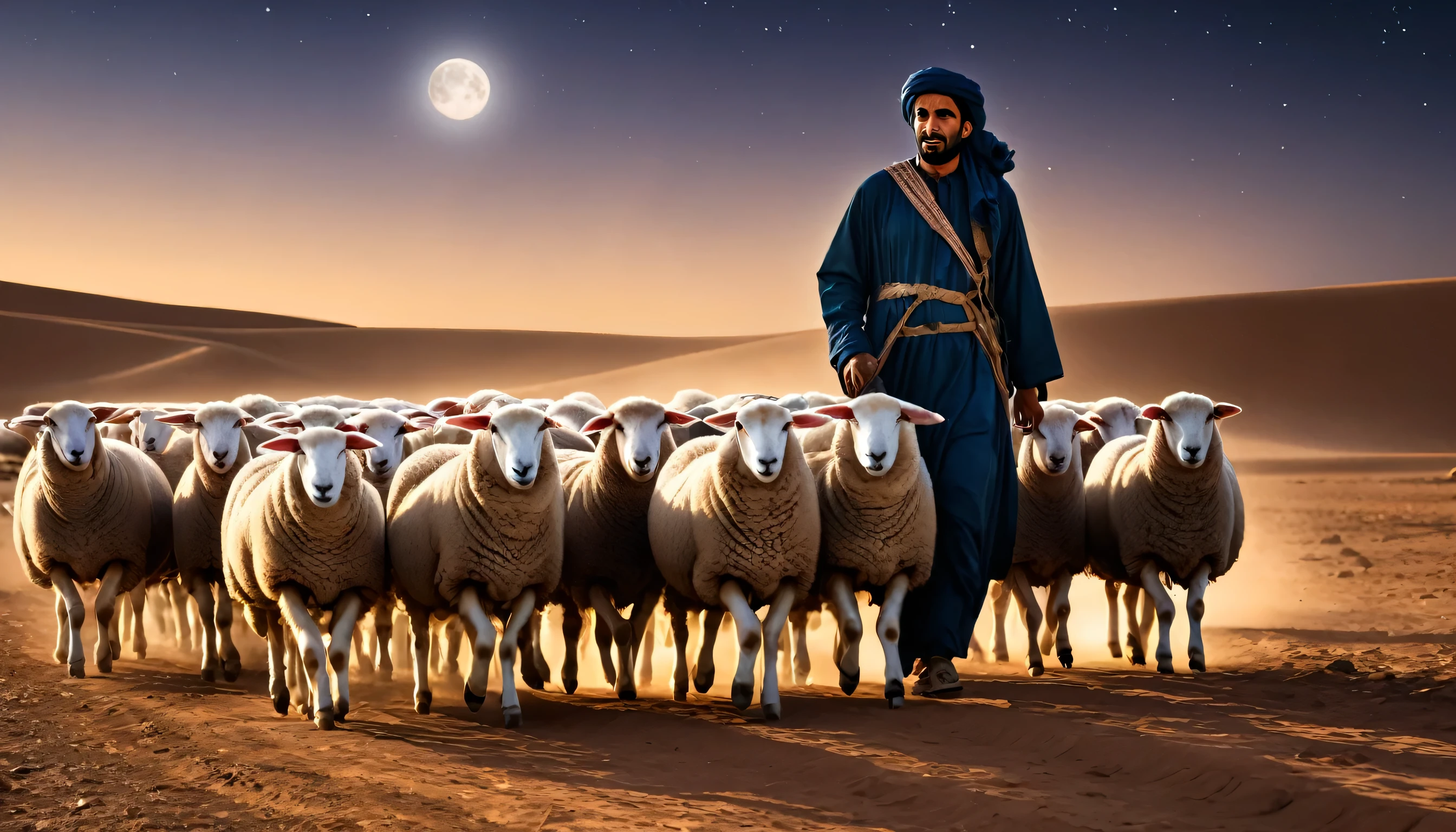 a Muslim Arab shepherd leading sheep, noite no deserto,alta qualidade, 8k, cannon, high resolution, bem definido, bem desenhado