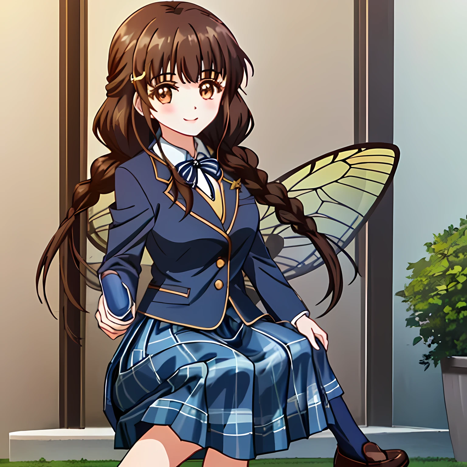 highest quality, (masterpiece:1.2), High resolution, perfect pixel, very detailed,thin and sharp lines, ((smooth texture:1.2, Anime CG style)), ((only one girl)), A very neat girl looks at the viewer and smiles, glossy lips, neat and nice smile, big brown eyes, (((dark brown hair))), 15 years old, big shiny hair clip, , ((Dark blue blazer with golden emblem on left chest)), ((Japanese style school butterfly ribbon with large navy blue stripes on the chest)), very shiny hair、laughter、bright look、Both face and hair catch the light and shine, The corners of the eyes are drooping, Cute braids, (((Dark brown tightly braided hairstyle))), ((((dark blue & Deep navy tartan check middle long skirt)))), A gentle and cute expression staring at the viewer, ((long eyelashes)), the skirt is very cute, brown leather shoes, white socks