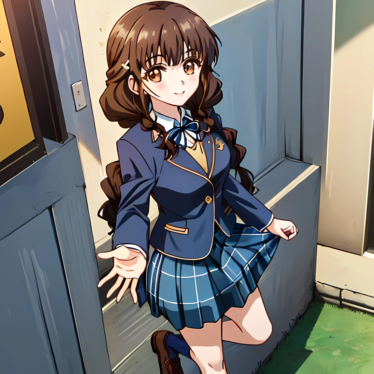 highest quality, (masterpiece:1.2), High resolution, perfect pixel, very detailed,thin and sharp lines, ((smooth texture:1.2, Anime CG style)), ((only one girl)), A very neat girl looks at the viewer and smiles, glossy lips, neat and nice smile, big brown eyes, (((dark brown hair))), 15 years old, big shiny hair clip, , ((Dark blue blazer with golden emblem on left chest)), ((Japanese style school butterfly ribbon with large navy blue stripes on the chest)), very shiny hair、laughter、bright look、Both face and hair catch the light and shine, The corners of the eyes are drooping, Cute braids, (((Dark brown tightly braided hairstyle))), ((((dark blue & Deep navy tartan check middle long skirt)))), A gentle and cute expression staring at the viewer, ((long eyelashes)), the skirt is very cute, brown leather shoes, white socks