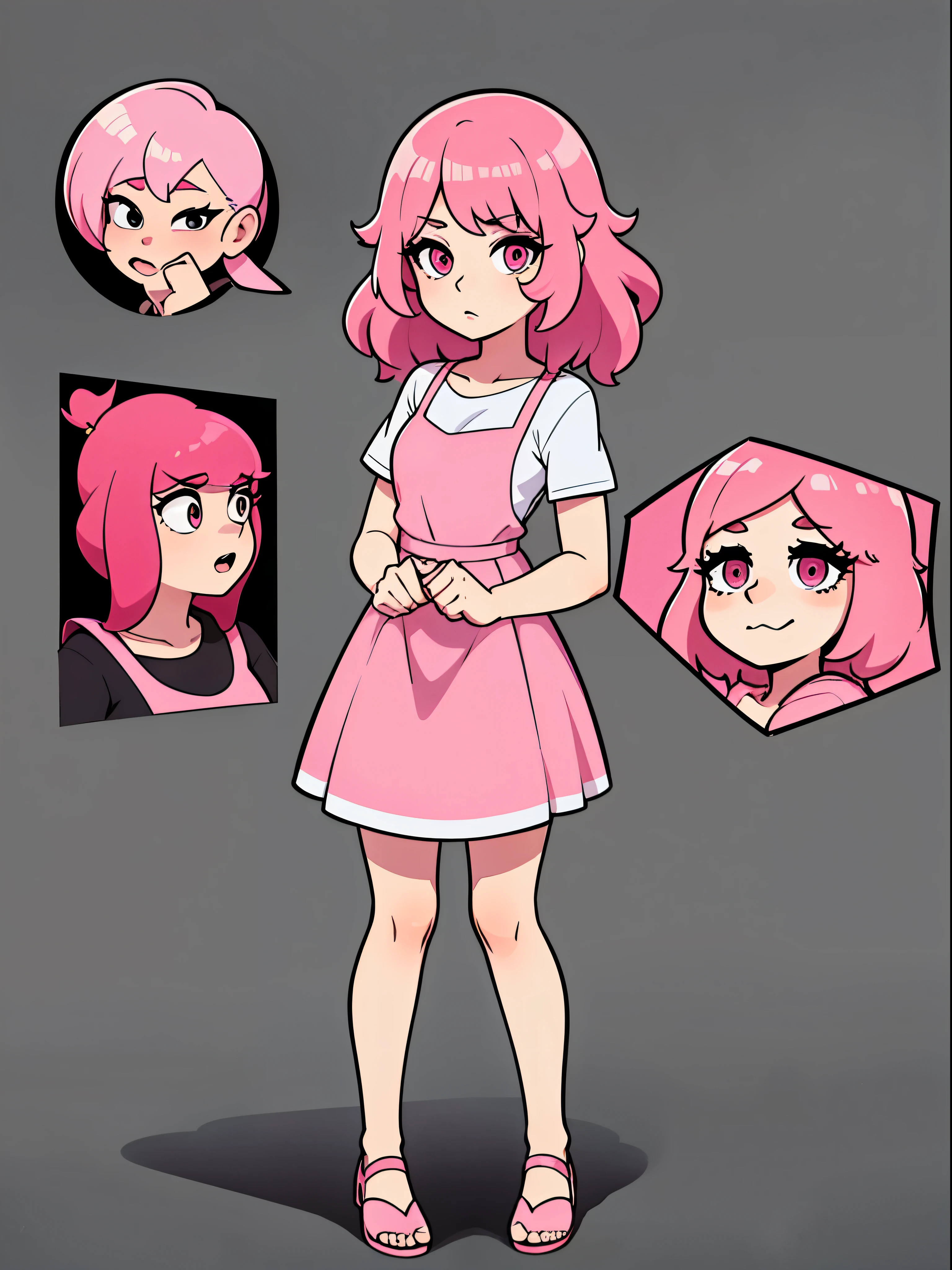 uma garota, pele clara, cor de cabelo rosa, franja, grandes olhos rosa, vestido curto, Vestido preto, corpo todo, Average hair size, cabelo ondulado, Pose variations, fundo branco, Melhor qualidade, Full HD