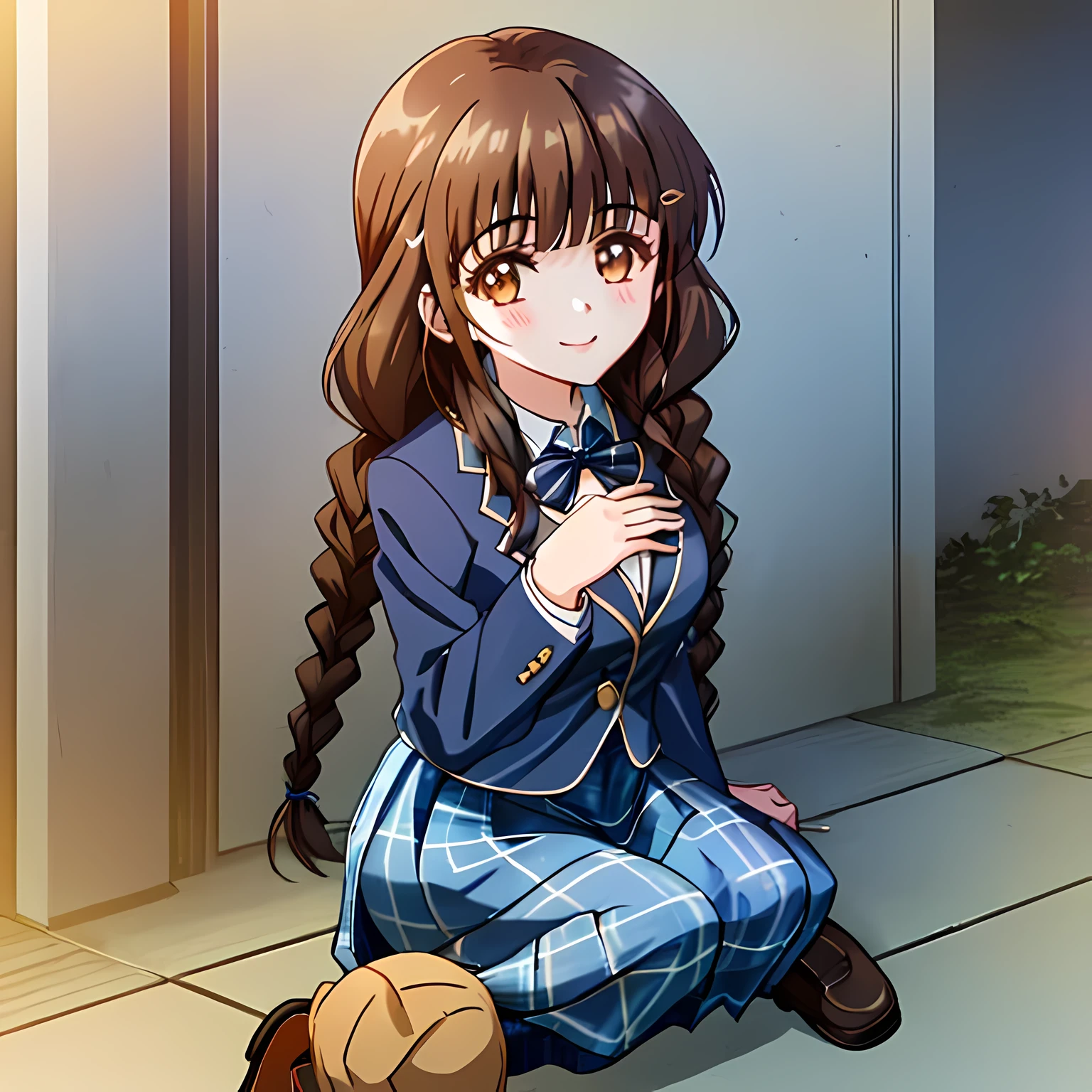 highest quality, (masterpiece:1.2), High resolution, perfect pixel, very detailed,thin and sharp lines, ((smooth texture:1.2, Anime CG style)), ((only one girl)), A very neat girl looks at the viewer and smiles, glossy lips, neat and nice smile, big brown eyes, (((dark brown hair))), 15 years old, big shiny hair clip, , ((Dark blue blazer with golden emblem on left chest)), ((Japanese style school butterfly ribbon with large navy blue stripes on the chest)), very shiny hair、laughter、bright look、Both face and hair catch the light and shine, The corners of the eyes are drooping, Cute braids, (((Dark brown tightly braided hairstyle))), ((((dark blue & Deep navy tartan check middle long skirt)))), A gentle and cute expression staring at the viewer, ((long eyelashes)), the skirt is very cute, brown leather shoes, white socks