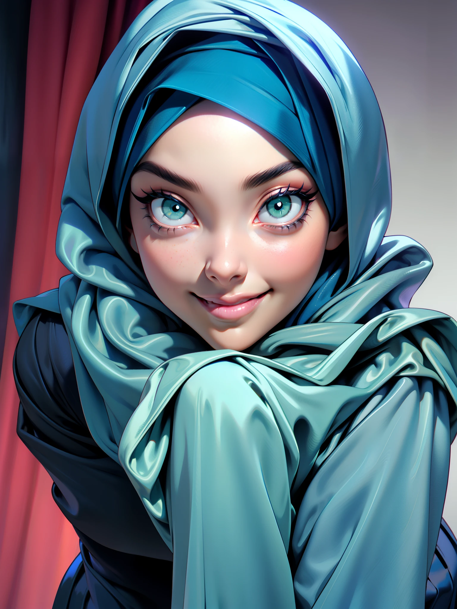 3dmm style, Masterpiece, realistic, best quality, best lighting, beautiful mature Czech woman, 1 girl photo solo, beautifully makeup, eyeshadow, Parted Lips, Detailed Eyes, beautiful big eyes, long eye lashes,green eyes, dimples on the cheeks, smile, wearing ((Dark blue satin hijab)), loosely tide hijab style, ((gray satin shirt and satin long skirt)), ((front view)), (close up portrait), front view, standing straight, facing the viewer.، warm smile