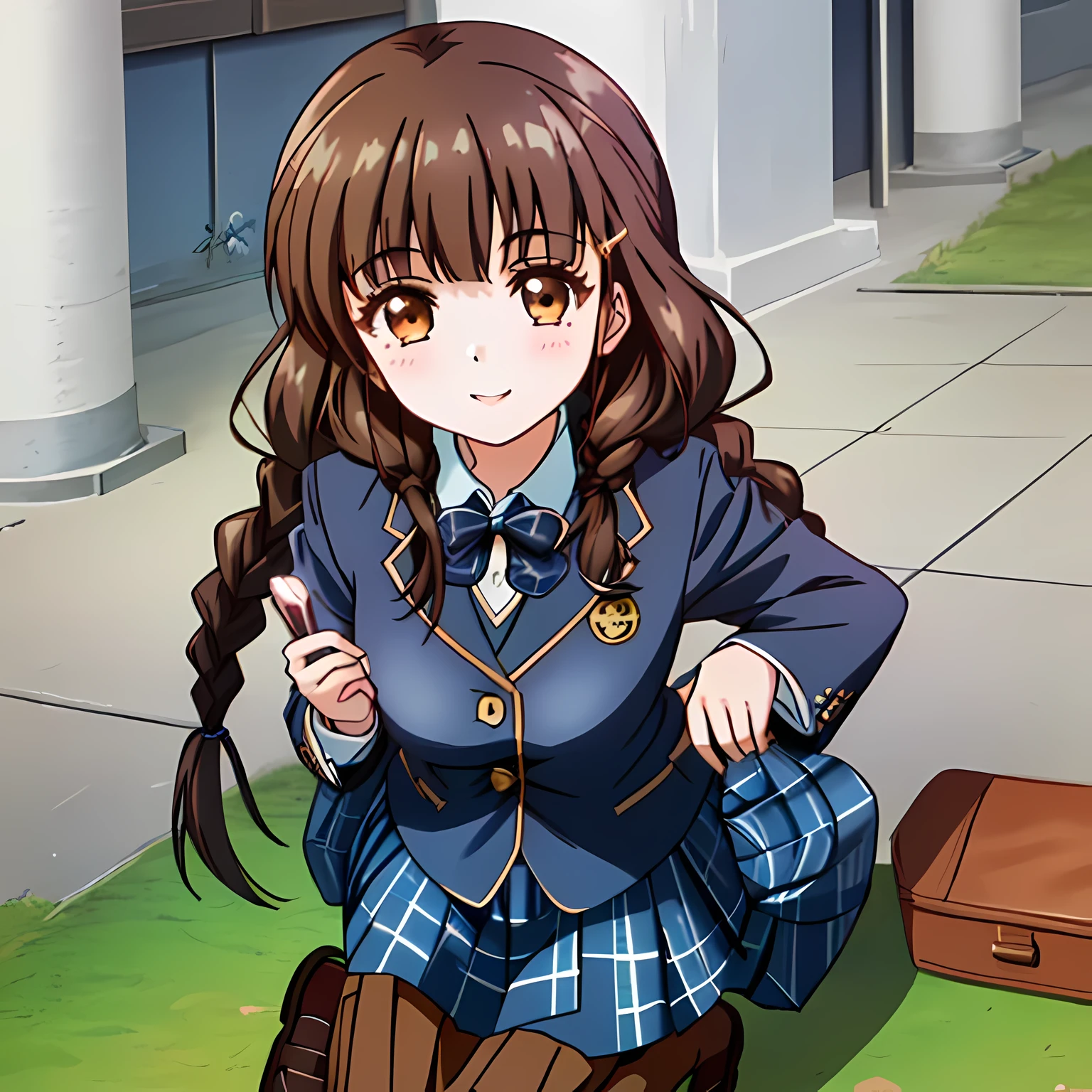 highest quality, (masterpiece:1.2), High resolution, perfect pixel, very detailed,thin and sharp lines, ((smooth texture:1.2, Anime CG style)), ((only one girl)), A very neat girl looks at the viewer and smiles, glossy lips, neat and nice smile, big brown eyes, (((dark brown hair))), 15 years old, big shiny hair clip, , ((Dark blue blazer with golden emblem on left chest)), ((Japanese style school butterfly ribbon with large navy blue stripes on the chest)), very shiny hair、laughter、bright look、Both face and hair catch the light and shine, The corners of the eyes are drooping, Cute braids, (((Dark brown tightly braided hairstyle))), ((((dark blue & Deep navy tartan check middle long skirt)))), A gentle and cute expression staring at the viewer, ((long eyelashes)), the skirt is very cute, brown leather shoes, white socks