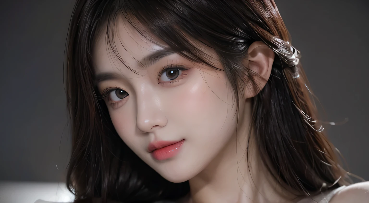 (Hyper-realistic) , (illustratio), (Increase the resolution), (8K), (extremely detaile), (Most Best Illustration), (Beautiful and delicate eyes), (best qualtiy), (ultra - detailed), (tmasterpiece), ( the wallpaper), (Detailed face), full bodyesbian,1个Giant Breast Girl, 1 hand grasps the chest,Smile,looking at viewert, exquisite detailing, Detailed face, cropped shoulders,in the darkness nigth, deep shading, low tune,pureerosfaceace_V1, ssmile,long whitr hair,Black shawl straight hair,46 points oblique bangs