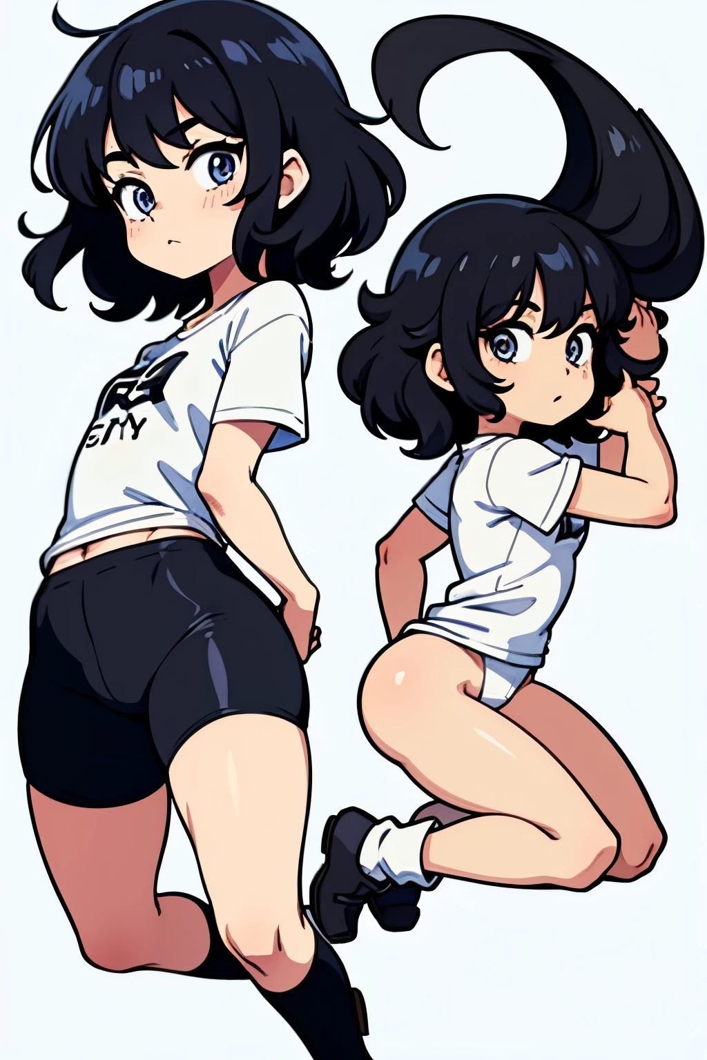 anime boy with curly black hair and white tshirt full body