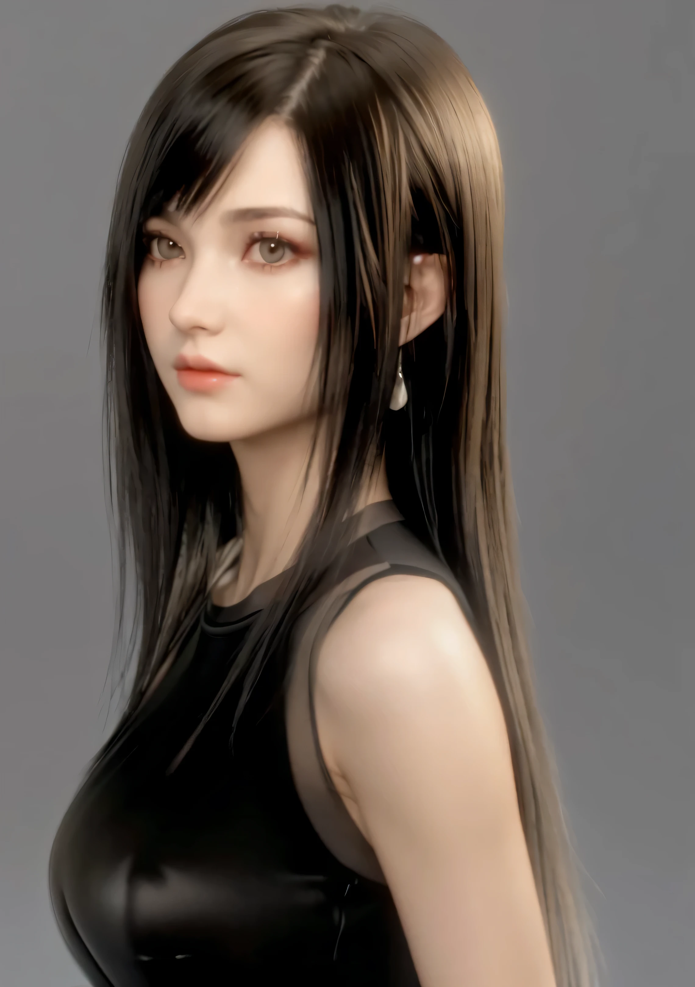 Tifa Lockhart, (8K, Photorealsitic, Top image quality, Unreal Engine 5 rendering works, (A very beautiful girl, masterpiece, The breasts are very big), beautiful aye, long hair detail, (The red eye makeup is very meticulous), Elegant and noble